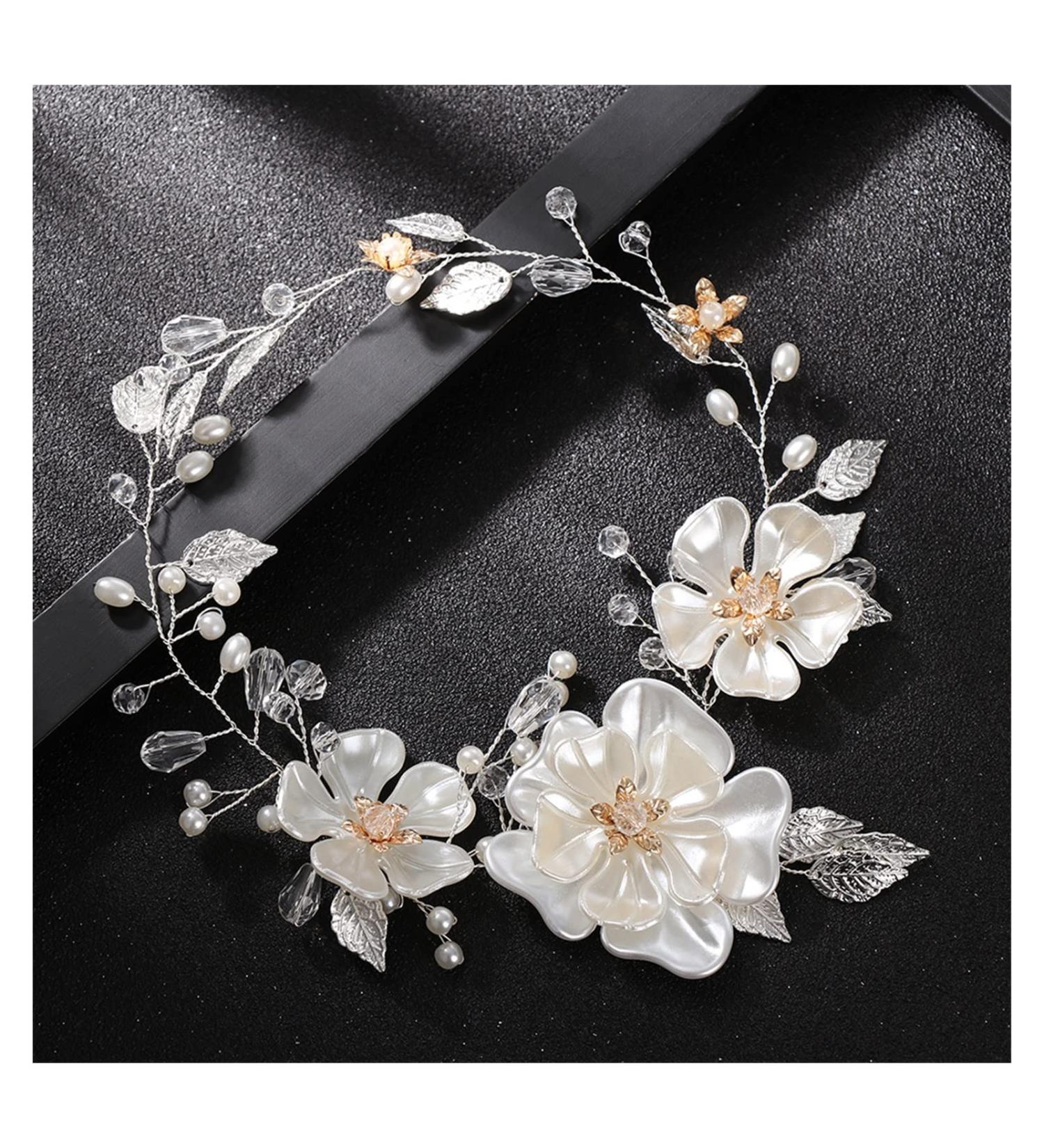 Liang Pearl Flower Headdress Tiara - White Pearl Leaf Wedding Headband for Brides | A-Silver Metal - Elegant Bridal Hair Ornament - Buy Online on GoSupps.com