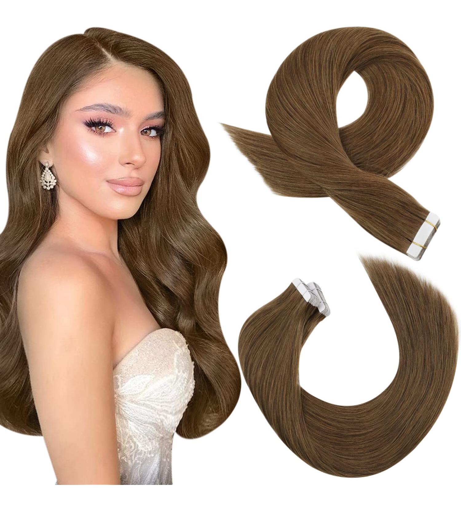 Moresoo Light Brown Tape Extensions - 50cm Remy Real Hair 20 Pieces Invisible for Short Hair #8 - Buy Online on GoSupps.com