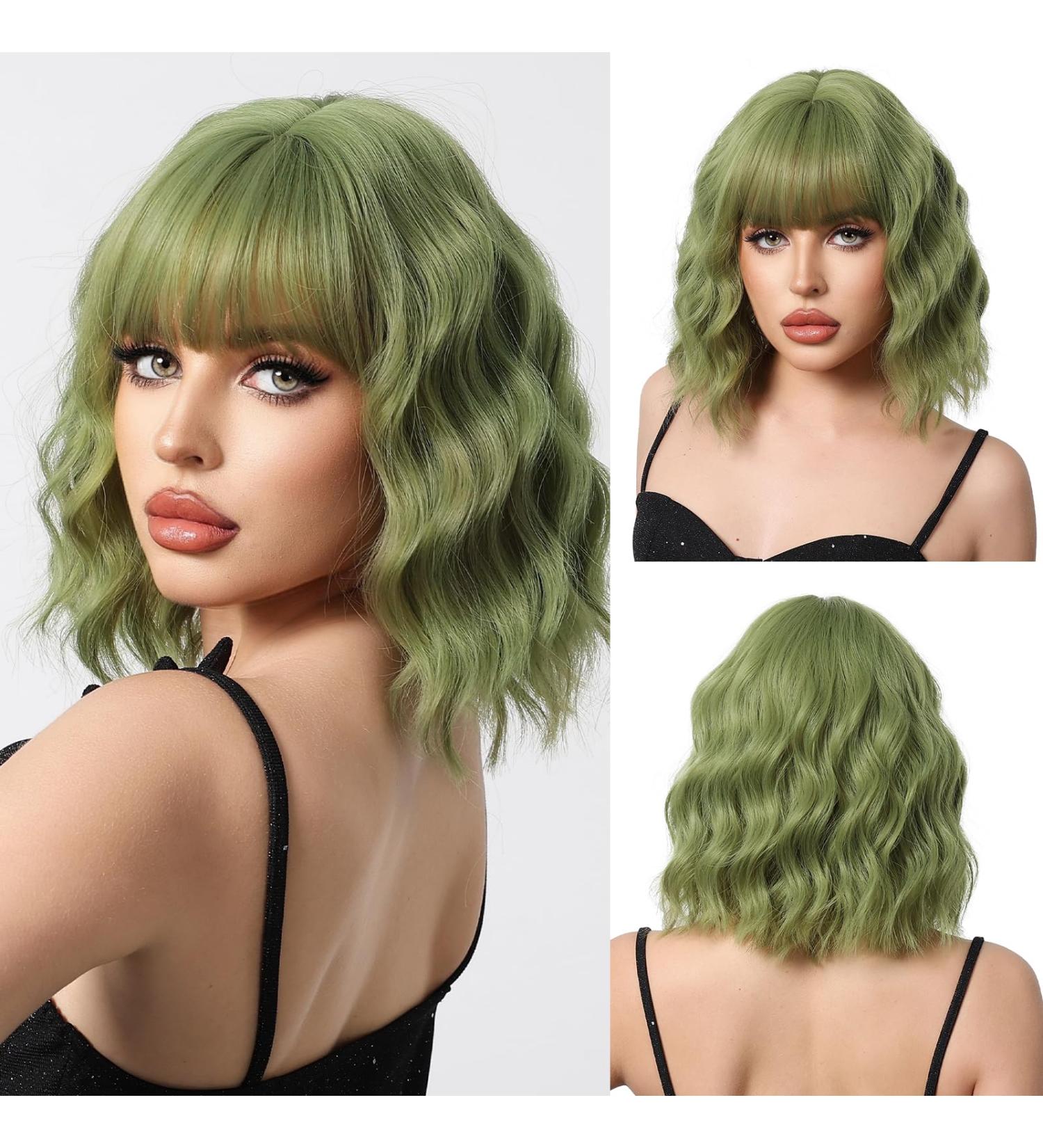 OUFEI Long Green Wig With Bangs Natural Wavy Wigs for Women Natural Synthetic Hair Heat Resistant Wigs for Daily Party Cosplay Wear Green(1163-1) - Buy Online on GoSupps.com