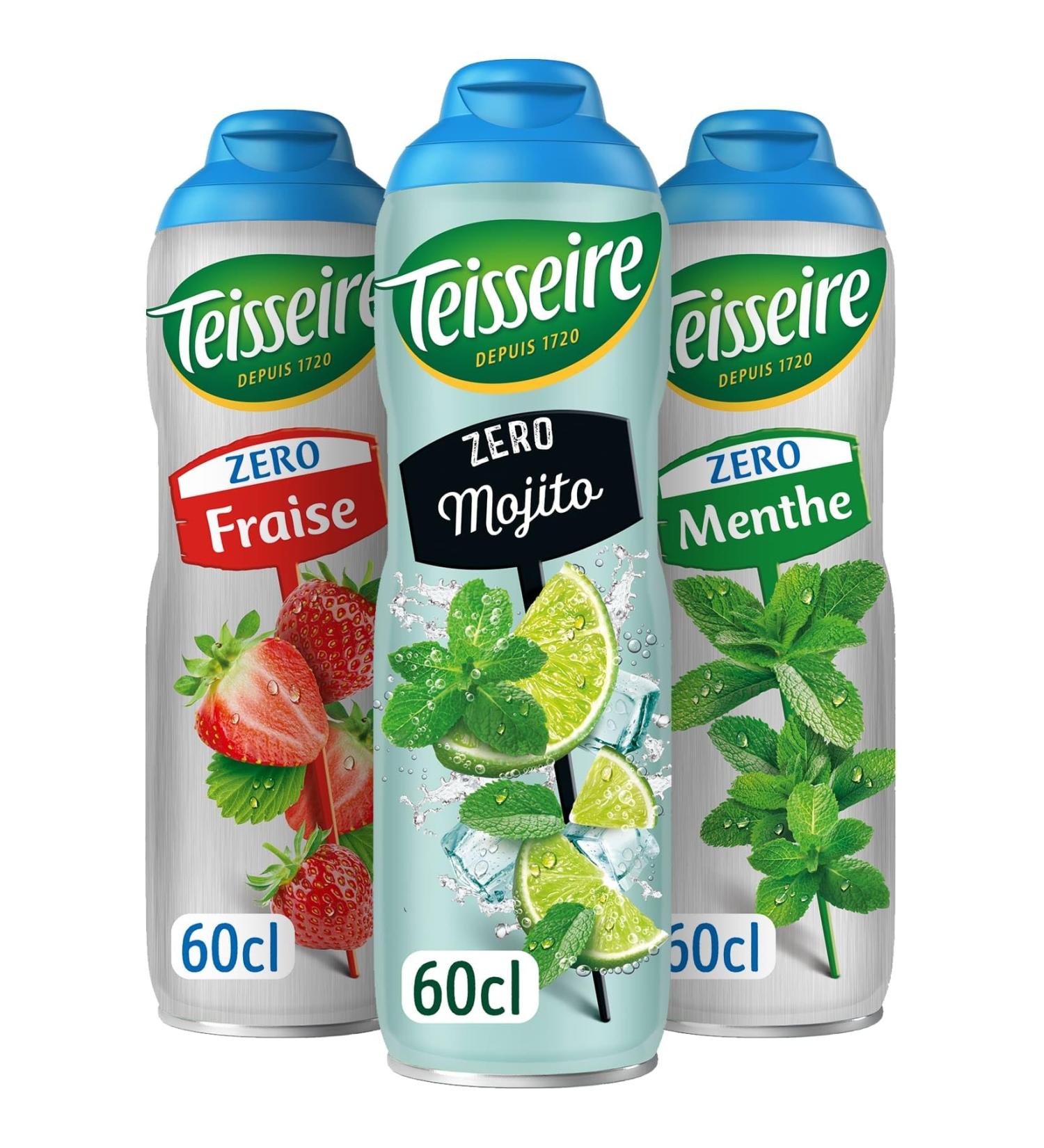 Set of 3 Teisseire Zero Sugar Syrups (Mojito Mint Strawberry) for Refreshing Drinks Cocktails Recyclable Bottle 3 x 60 cl - Buy Online on GoSupps.com