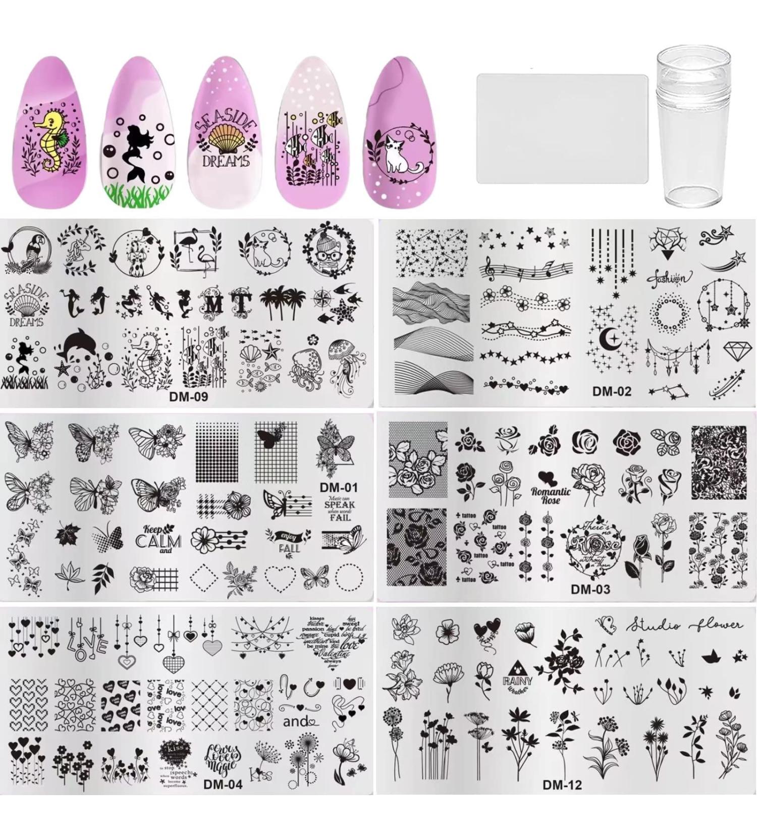RUNRAYAY Nail Stamping Plates Set 6Pcs Nail Templates with Stamper & Scraper Nail Stamper Nail Art Plates Kits Template Plates Leaves Flowers Animal Holiday Design A + Tools - Buy Online on GoSupps.com