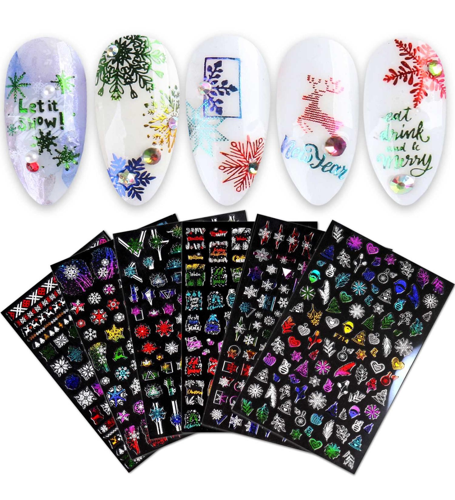 JMEOWIO 8 Sheets Christmas Nail Art Stickers Decals Colorful Golden Self-Adhesive DIY Nail Sticker Decals Design Nail Decorations for Party Women Girls - Colorful - Buy Online on GoSupps.com