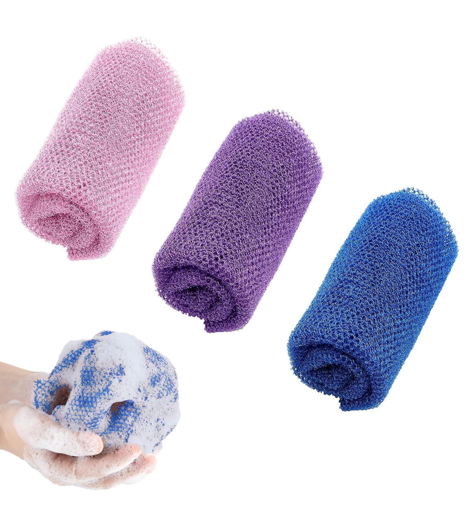 3 Pcs African Exfoliating Net Back Scrubbers - Shower Body Sponge Set for Deep Cleaning - Men and Women - Purple Pink Blue - Buy Online on GoSupps.com