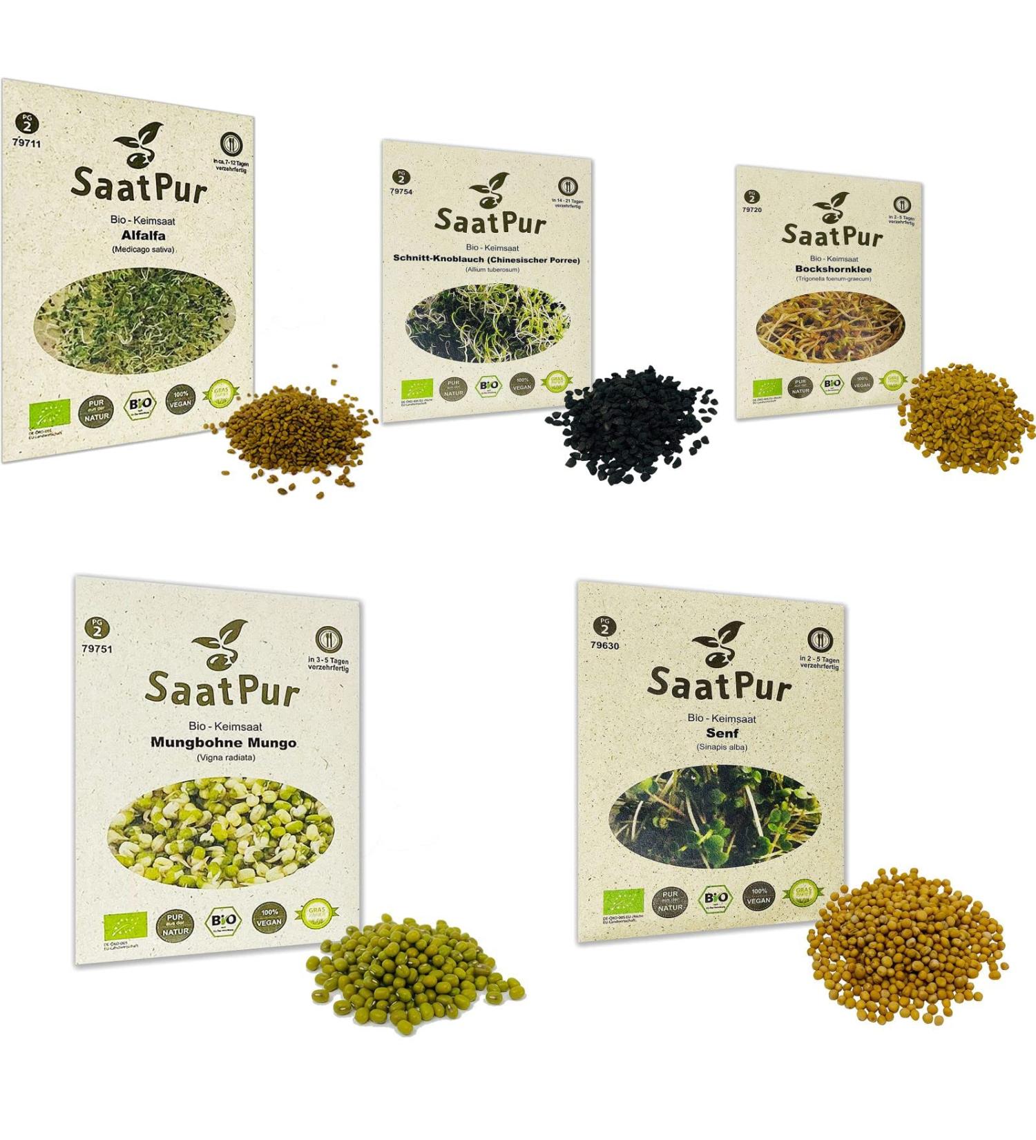 SaatPur BIO Keimsprossen Set 5 Sorten Asia Mix | Bockshornklee Alfalfa Mungo Senf Porree & Schnittknoblauch | Internationaler Versand - Buy Online on GoSupps.com