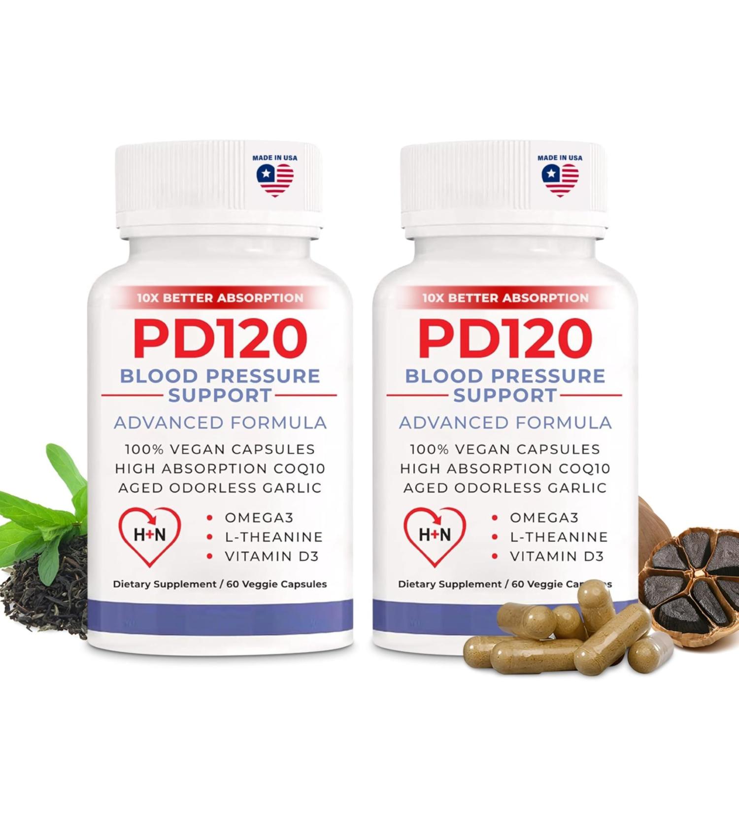 PD120 Natural Blood Pressure Support Supplement: 8-in-1 Formula with Black Odorless Garlic High-Absorption CoQ10 (Pack of 2) - Buy Online on GoSupps.com