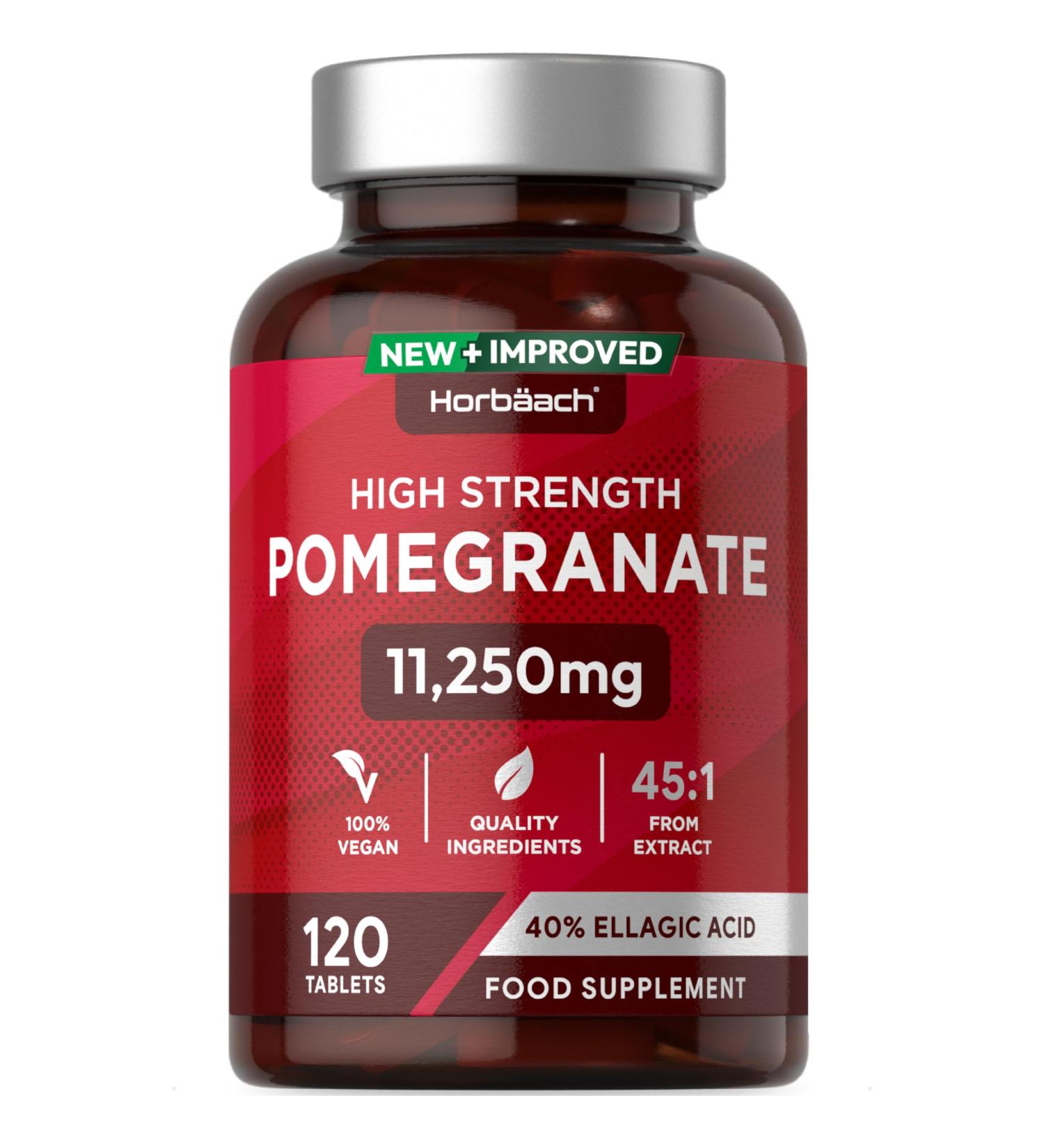 Pomegranate Tablets 11250mg | 120 Count | High Strength Vegan Supplement with 100mg of Ellagic Acid | 45:1 Extract Formula | No Artificial Preservatives | by Horbaach - Buy Online on GoSupps.com