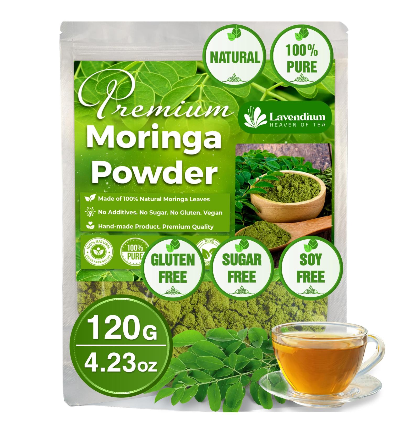Lavendium Premium 120g (4.23oz) Moringa Leaf Powder 100% Natural and Pure from Moringa Leaves No Additives No Gluten No Sugar Vegan - Buy Online on GoSupps.com