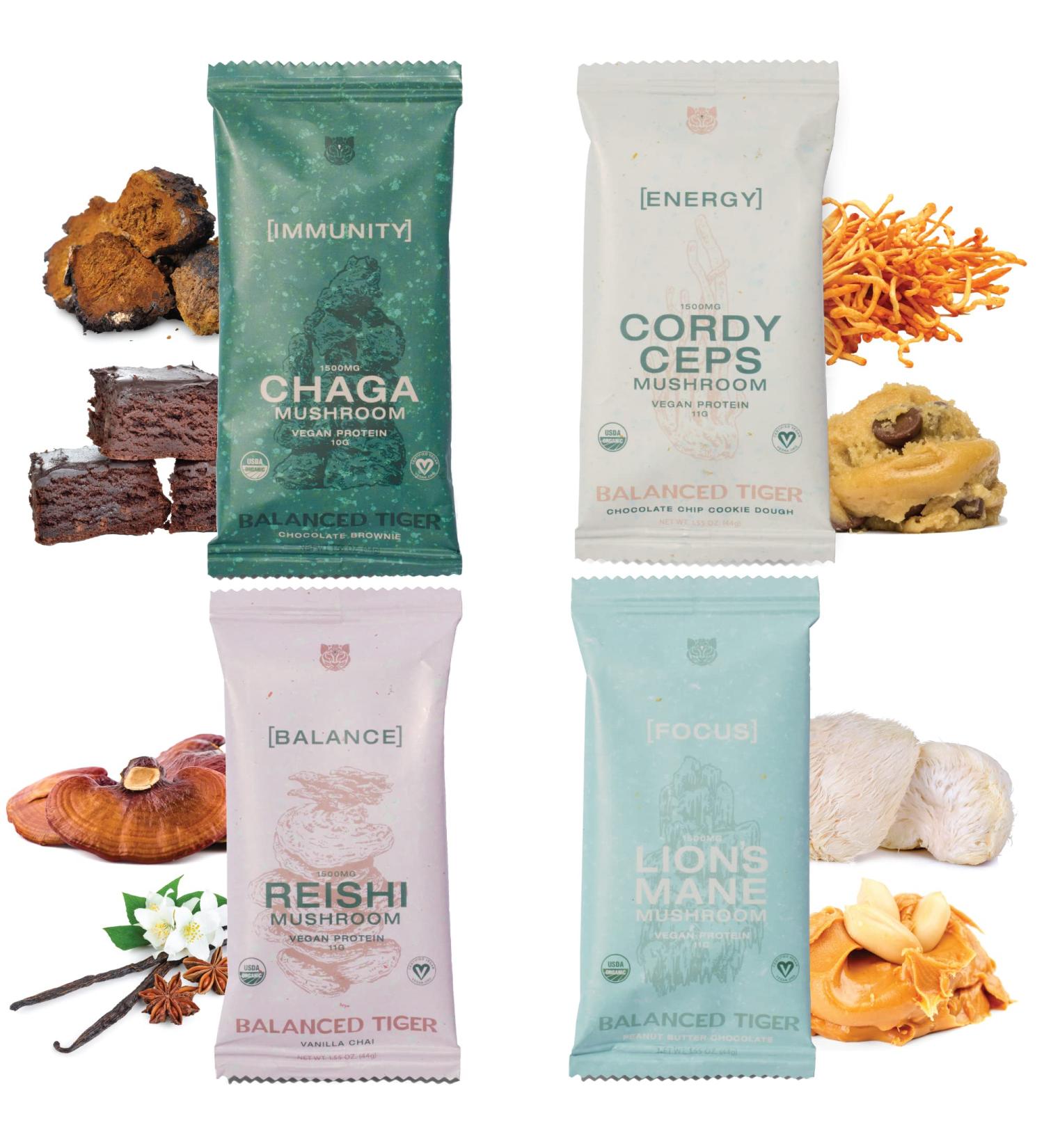 Full Dose Vegan Protein Bars with Functional Mushrooms - Lions Mane, Chaga, Reishi, Cordyceps | Nootropic Adaptogens | Gluten Free Superfoods Protein Bars - Buy Online on GoSupps.com