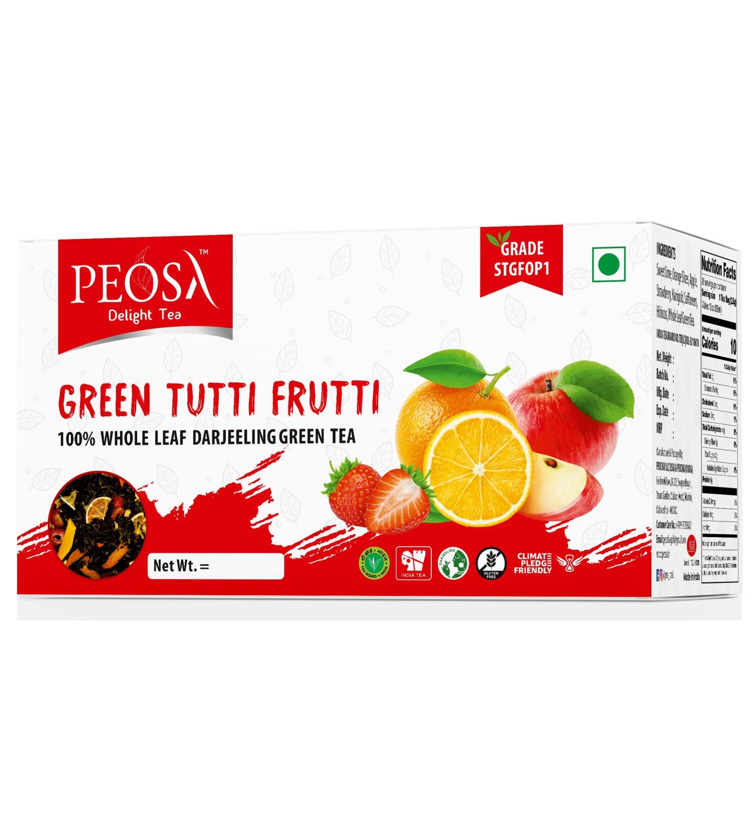 Peosa Delight Tea - Green Tutti Frutti 100% Whole Leaf Darjeeling Green Tea - Alphonso Mango, Sweet Lime, Apple, Orange, Strawberry - 1.72oz Box with 20 Tea Bags - Buy Online on GoSupps.com