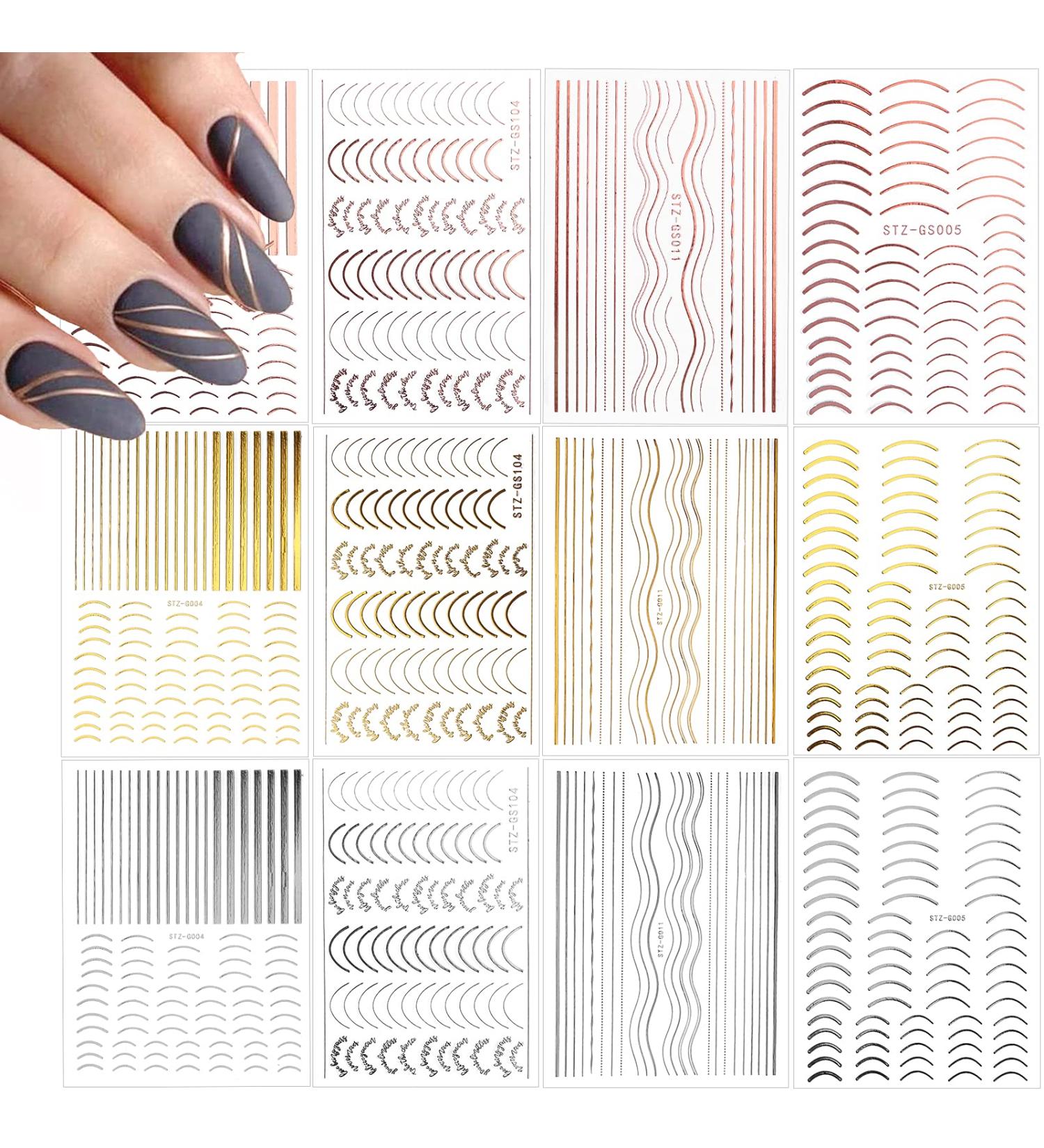 EBANKU 12 Sheets Gold Silver Metal Nail Stickers Metallic Curve Strip Line Nail Decal Self-Adhesive 3D Wave Design DIY Decoration for Women Girls - Buy Online on GoSupps.com