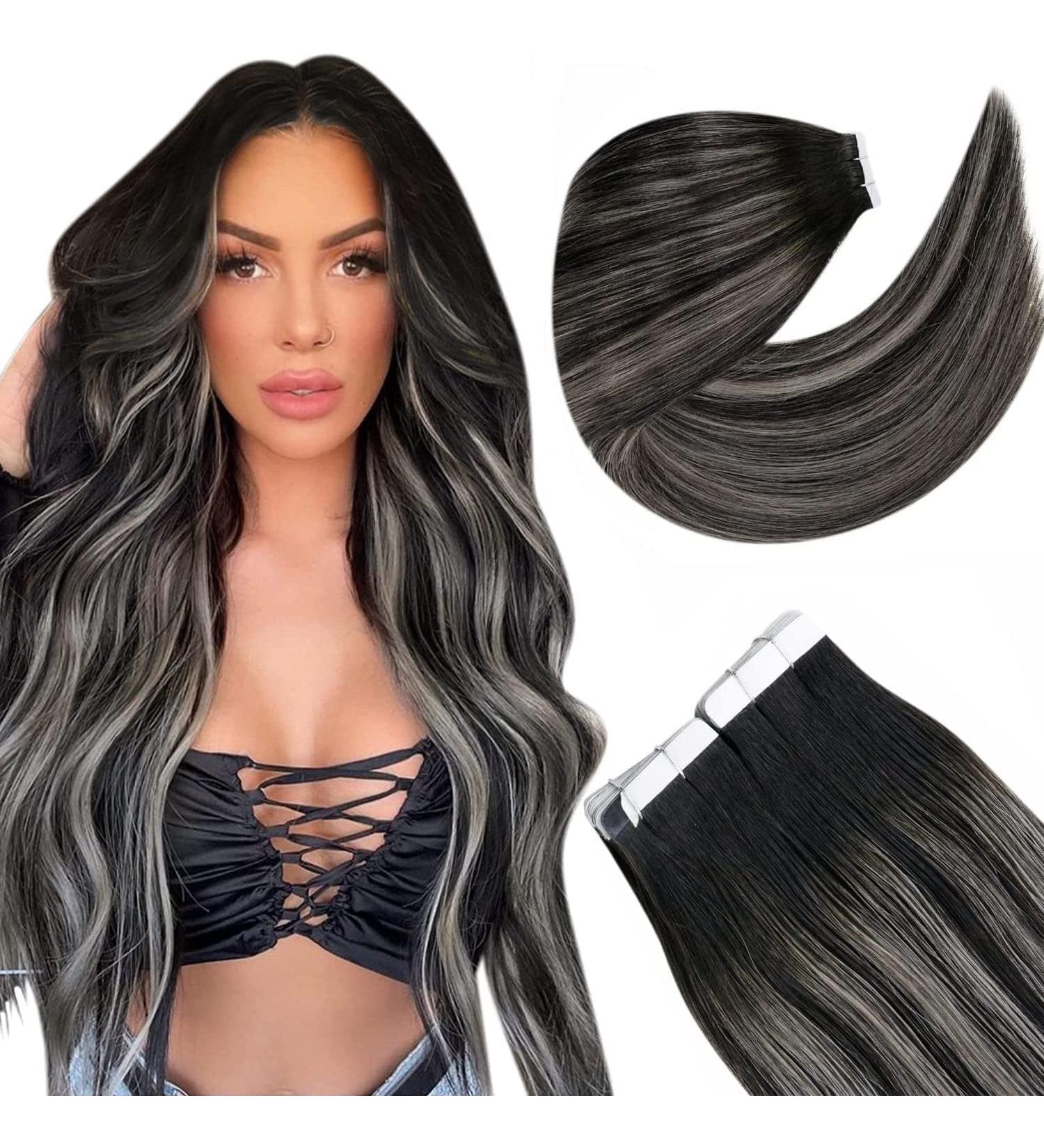 Autumn Deal: LAAVOO 16 Real Hair Tape Extensions - Black Ombre Silver Seamless Skin Weft (50g/20pcs) - Buy Online on GoSupps.com