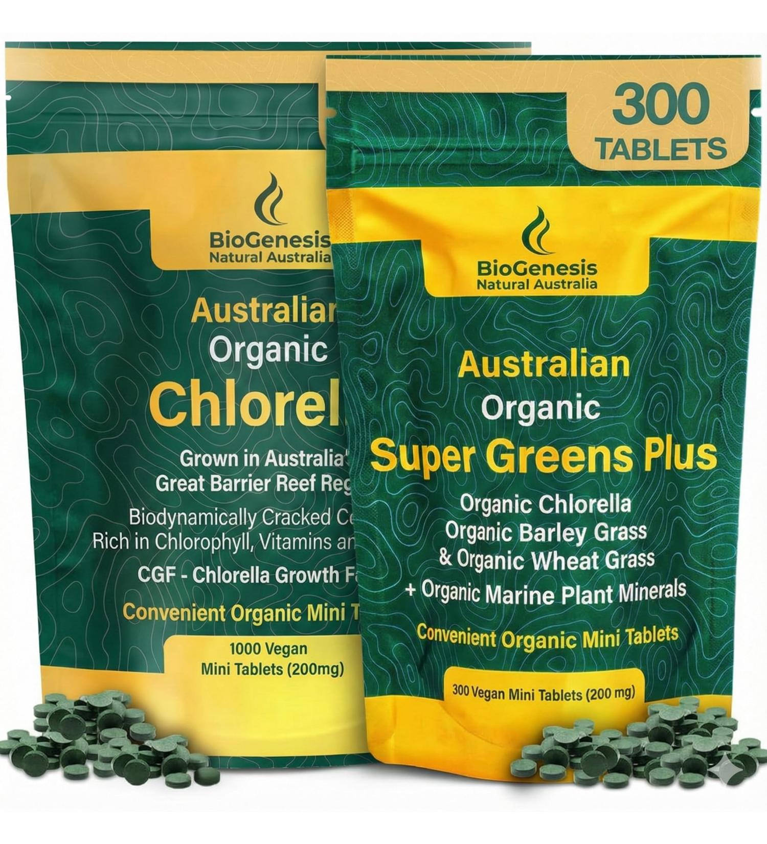 Biogenesis BioDynamic Wellness Collection Organic Chlorella (1000 Count) & SuperGreens Plus (300 Count) 200mg Mini Tablets | Rich in Chlorophyll Wheatgrass & Barley Grass | Vegan Energy Detox & I - Buy Online on GoSupps.com