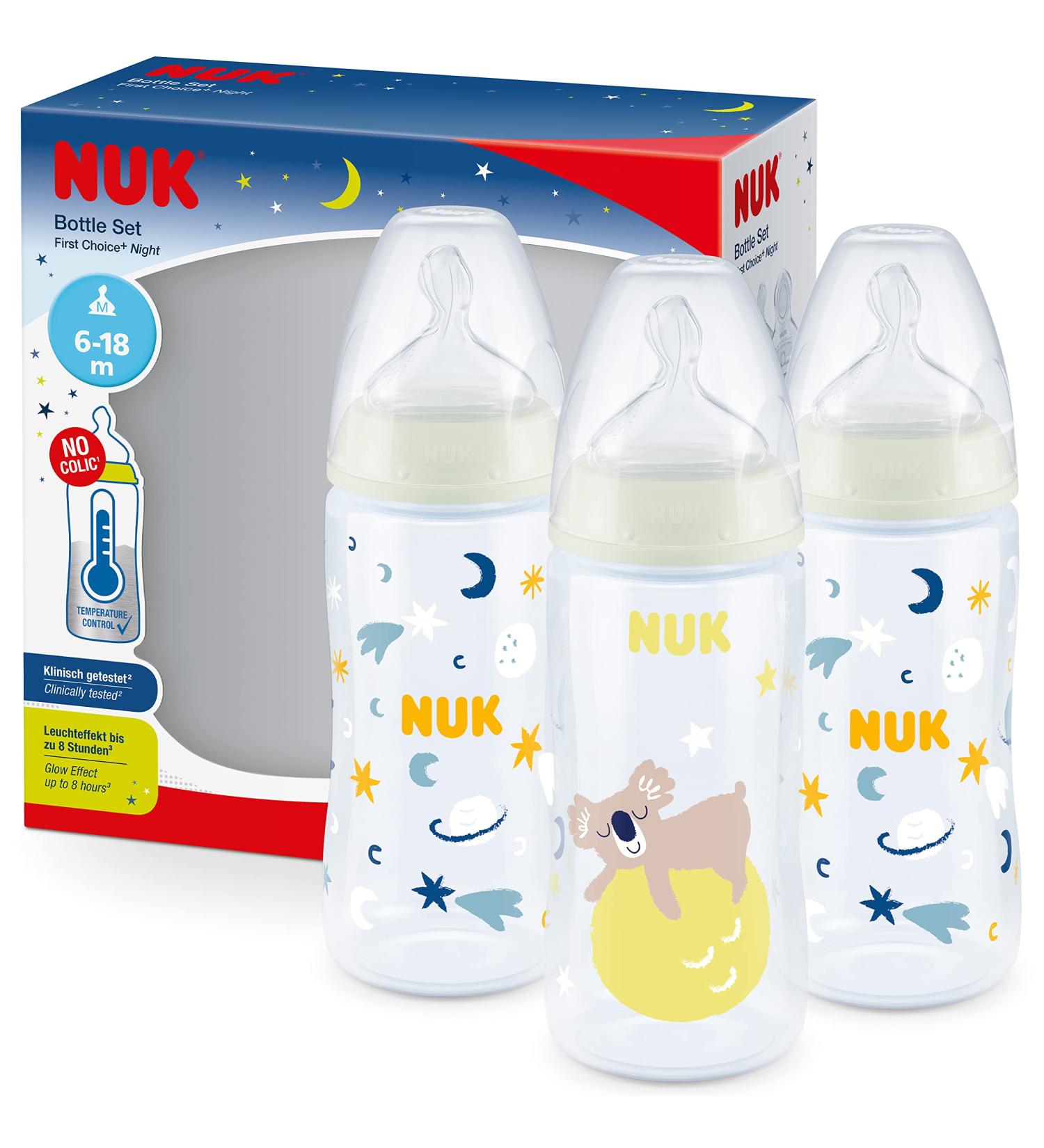 NUK First Choice+ Night Baby Bottle Set | Glow in The Dark, 300ml, 6-18 Months | Anti-Colic Valve & Temperature Control | BPA Free | Silicone Teat | Koala Design | 3 Pack (Red) - Buy Online on GoSupps.com