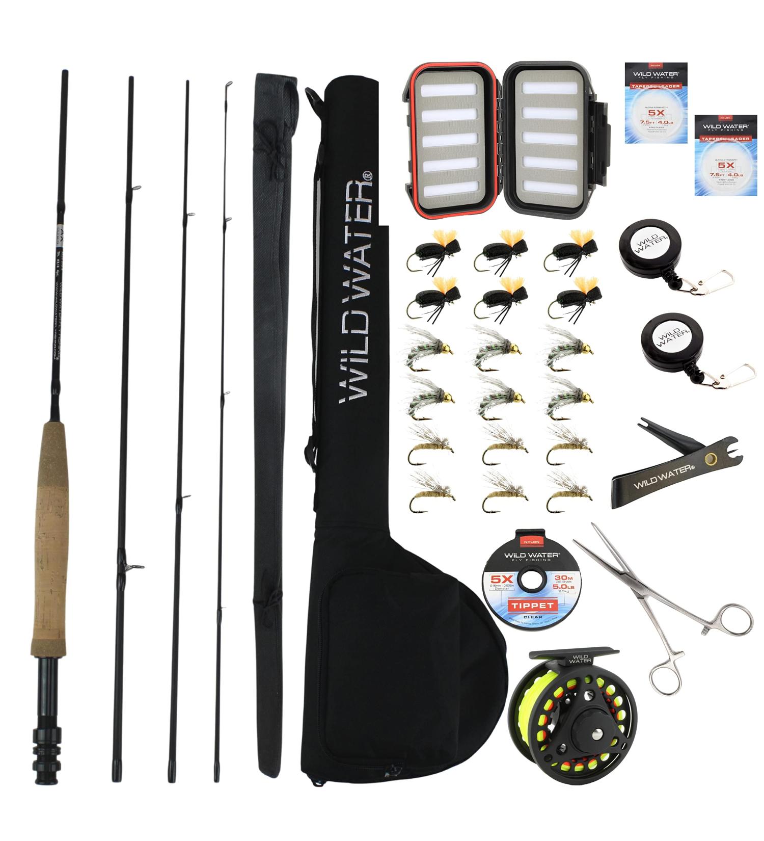 Wild Water Deluxe Fly Fishing Combo Starter Kit - 7-Foot 4-Piece Fly Rod, 3/4 Weight, Accessories, Aluminum Reel, Hard Tube Case - Includes Fly Box and Flies - Buy Online on GoSupps.com