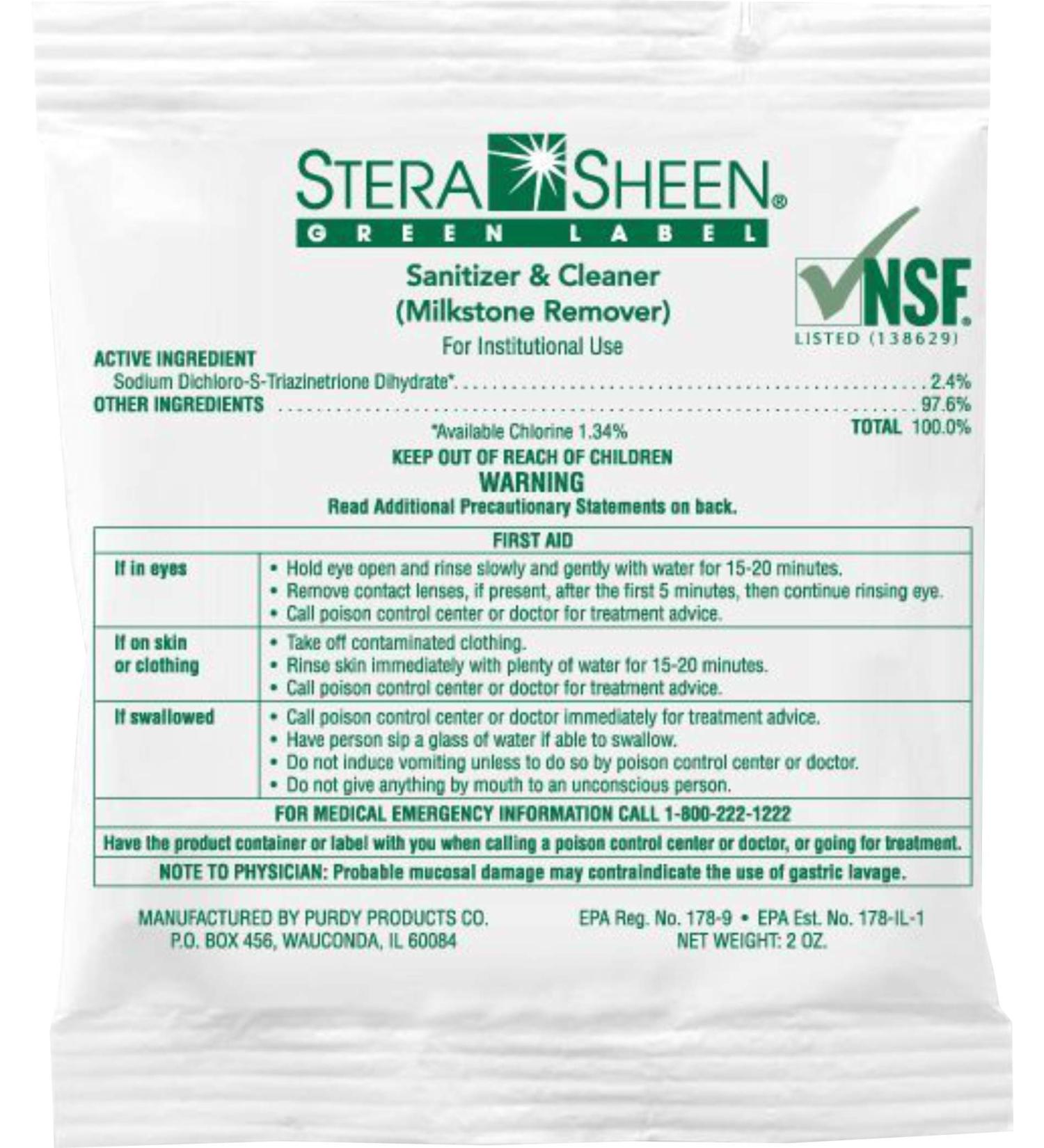 Stera-Sheen Green Label Sanitizer Packets Box of 100 x 2 Ounce Portion Sachets by Purdy Products SSG1002 - Buy Online on GoSupps.com