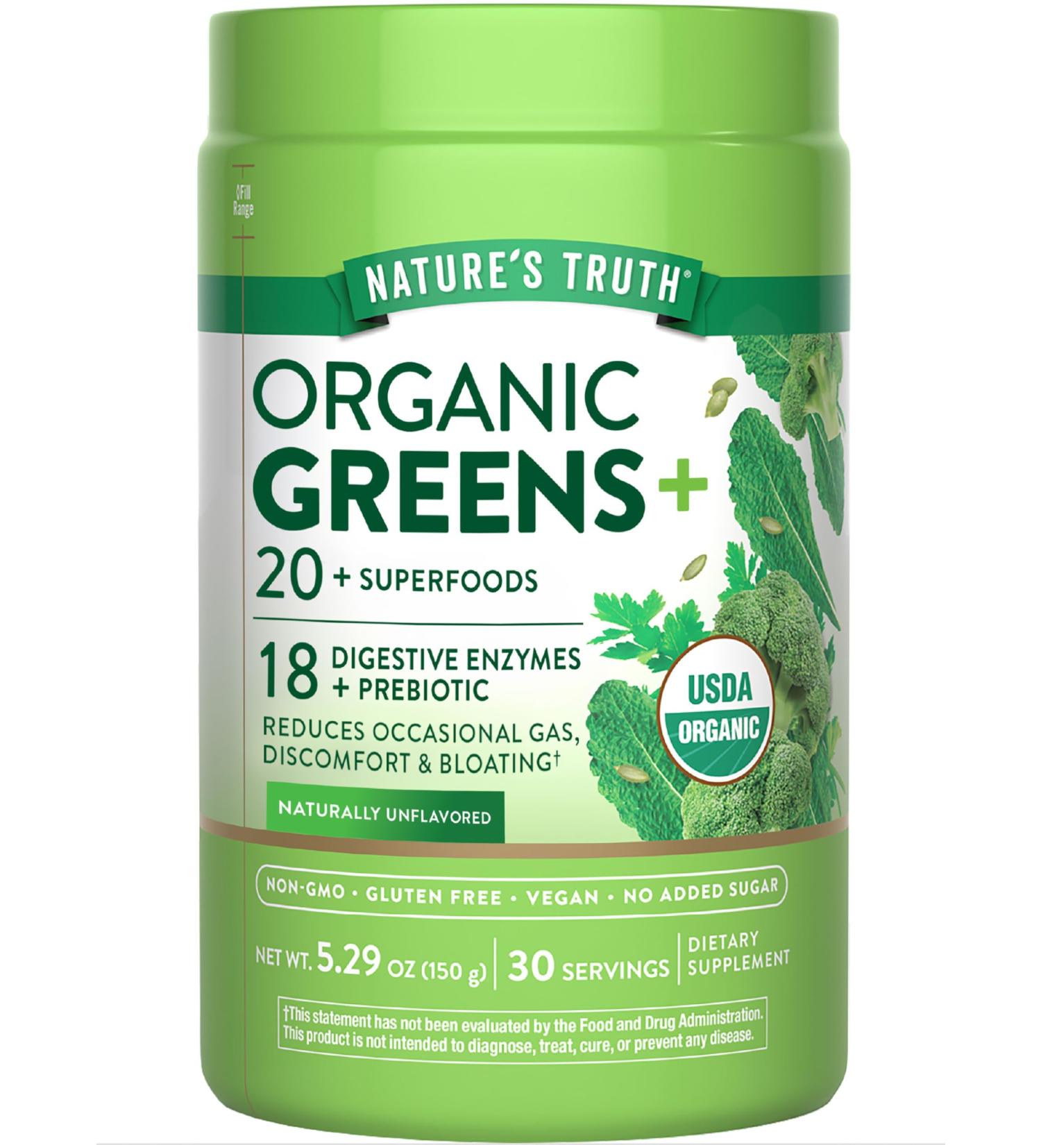 Nature's Truth Organic Greens Blend Powder | 20 Plus Superfoods | with Organic Spirulina Beet Root Digestive Enzymes & Prebiotics | Vegan Non-GMO & Gluten Free Supplement - Buy Online on GoSupps.com