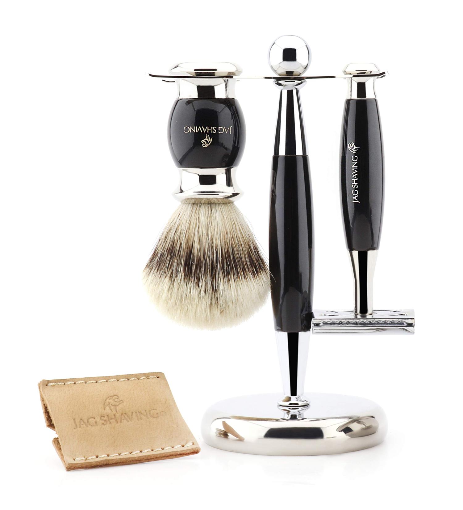 Jag Shaving Luxury Men's Shaving Set Double Edge Safety Razor with Leather Case Silver Badger Hair and Stand