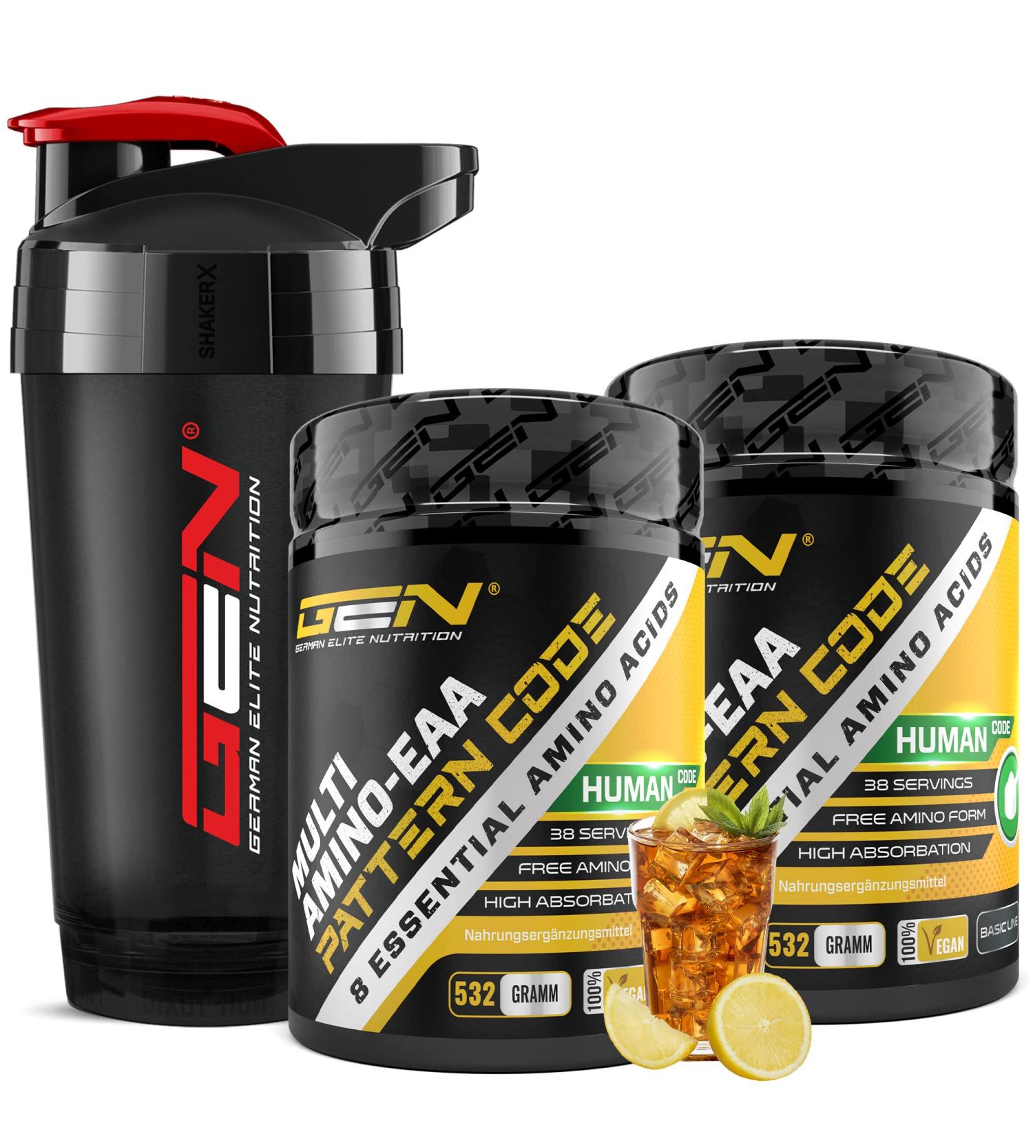2x EAA Powder Ice Tea Lemon + Premium Shaker - Vegan Amino Workout Drink - All 8 Essential Amino Acids - Delicious 532g Pack - Buy Online on GoSupps.com