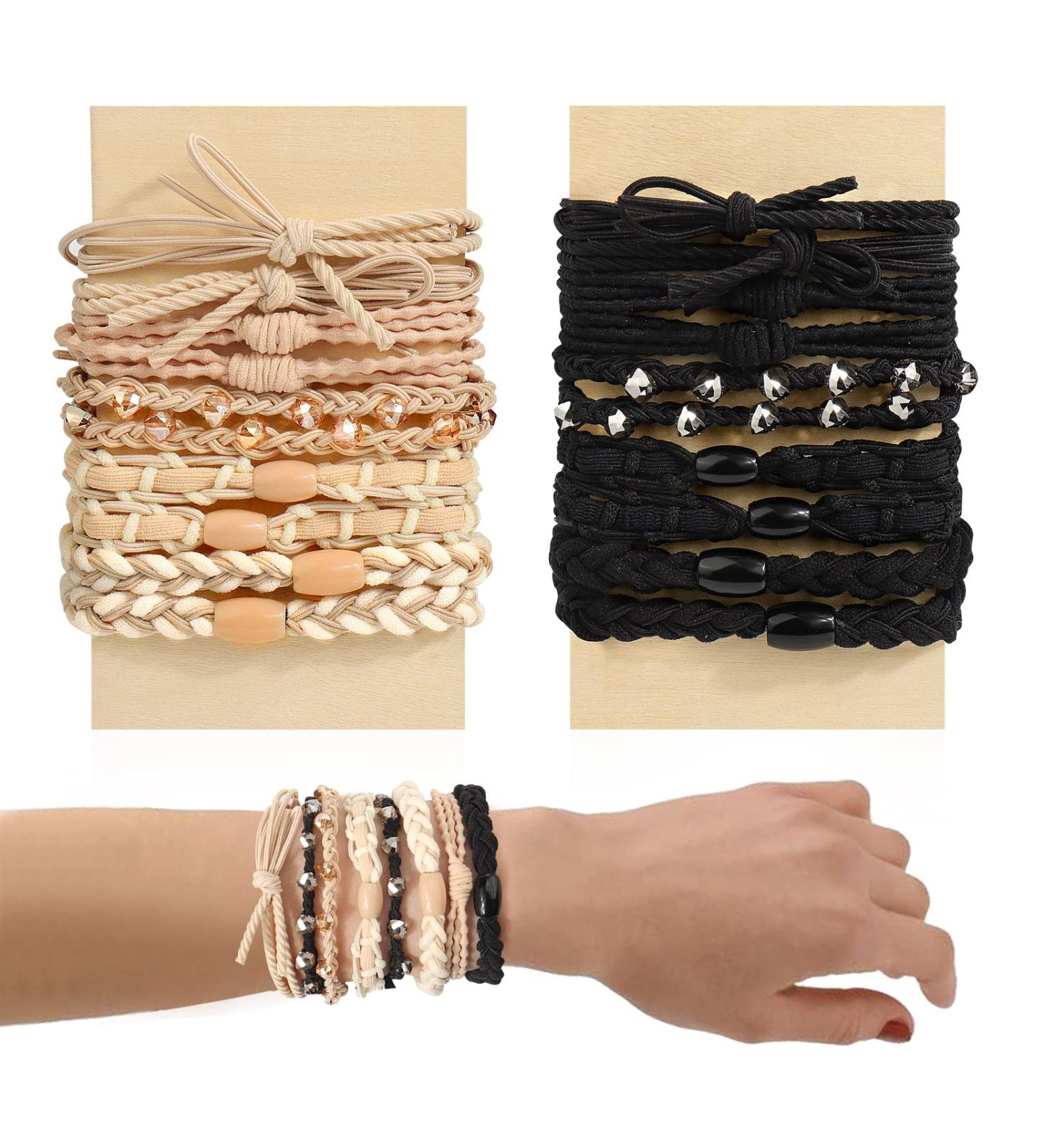 Mity Rain 20 Pcs Crystal Boho Hair Ties Set for Women & Girls - No Damage Elastic Ponytail Holders - 5 Cute Styles for Thick & Thin Hair - Black/Beige - Buy Online on GoSupps.com