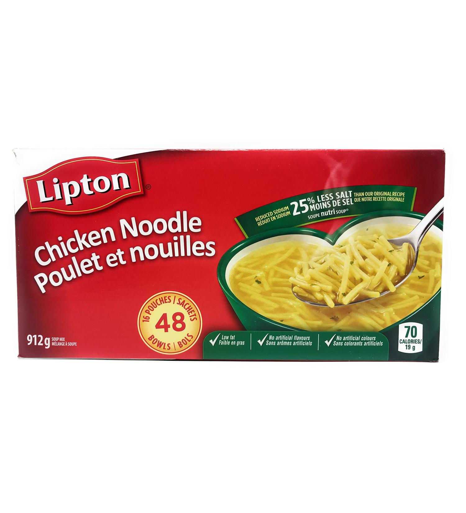 Lipton Chicken Noodle Soup Reduced Sodium - 25% Less Salt - 16 Pouches Equals 48 Bowls - Buy Online on GoSupps.com