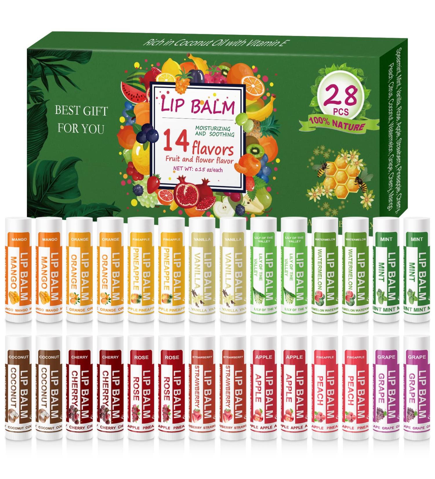 Yopela 28 Pack Natural Lip Balm with Vitamin E and Coconut Oil - Moisturizing and Soothing - 14 Flavors - Chemical-Free and Non-GMO - 28 Count - Buy Online on GoSupps.com