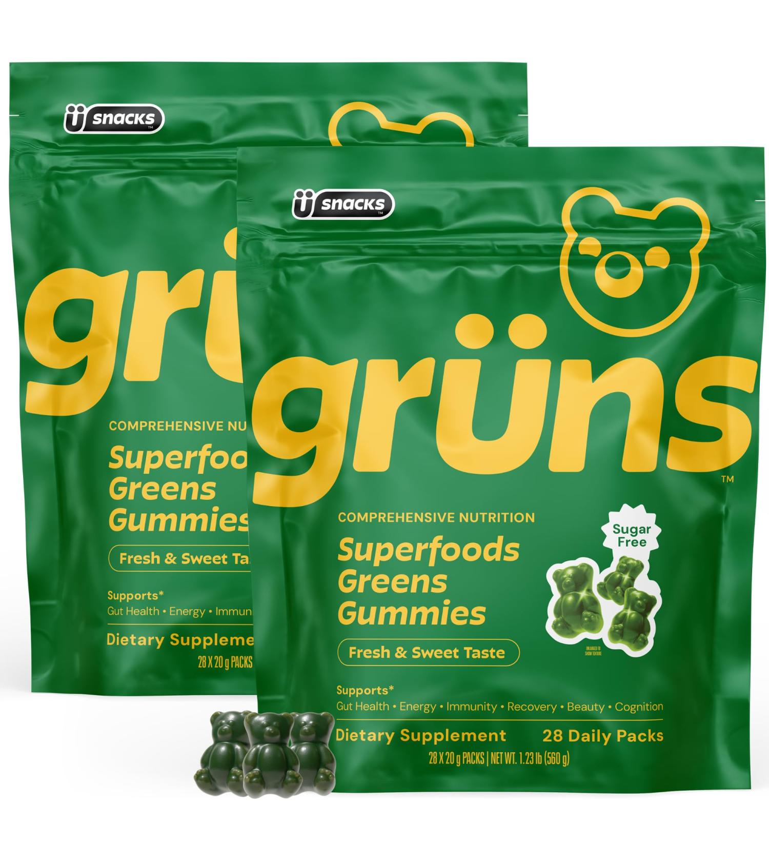 Gruns Superfood Greens Multivitamin Gummy Variety Bundle, 1 x Adult Low Sugar 28ct + 1 x Sugar Free 28ct Bundle for Less! with 20+ Vitamins and Minerals, prebiotic Fiber for Gut Health, and More! - Buy Online on GoSupps.com