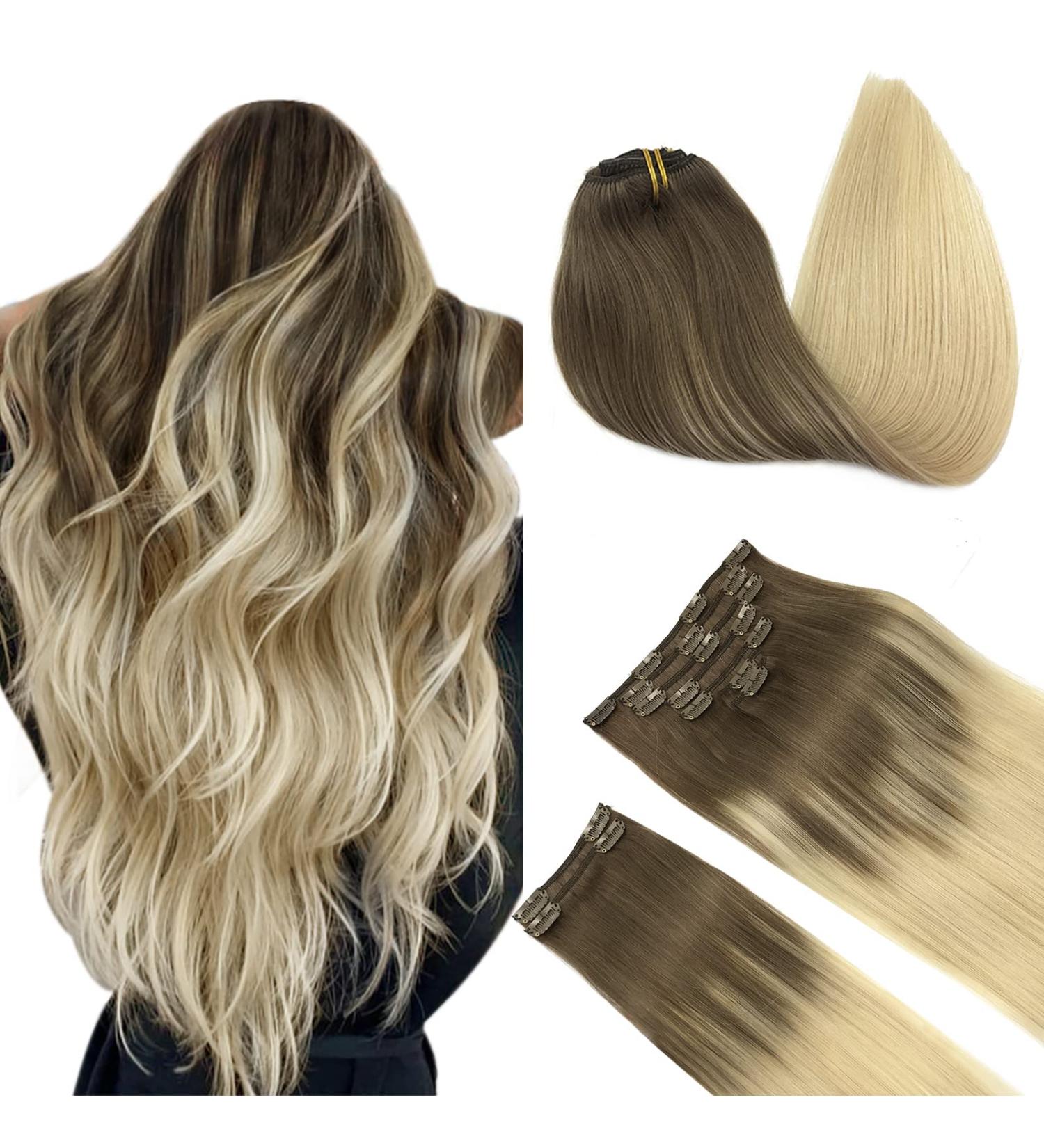 Doores Real Hair Extensions Clip In - Ash Brown to Platinum Blonde 22 Inch (55cm) 150g Remy Hair Thick Natural Look - Buy Online on GoSupps.com