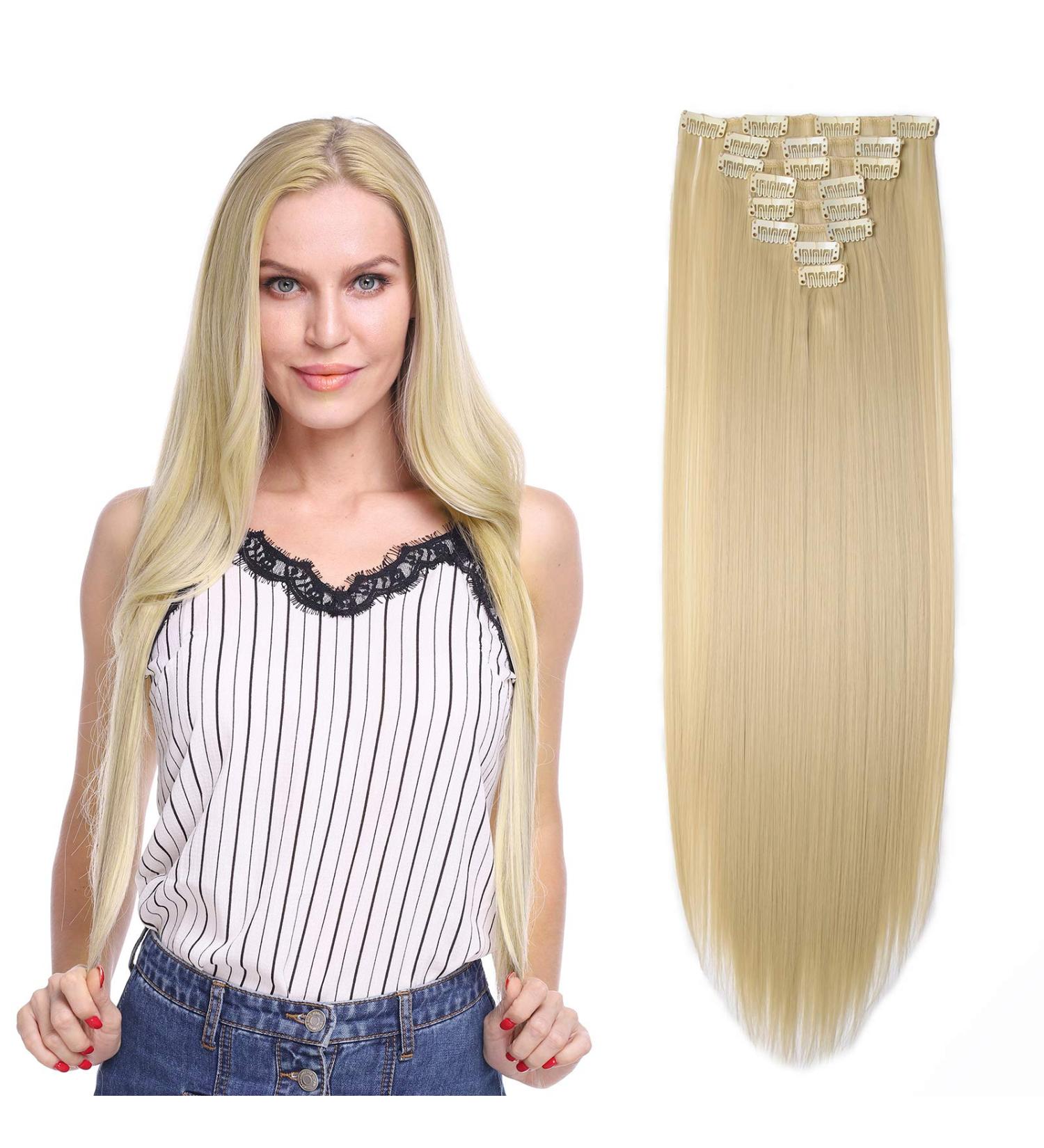 26 Inch Long Straight Blonde Clip in Hair Extensions - 8pcs Full Head Synthetic Hairpiece in Bleach Blond #Bleach Blond-2 - Buy Online on GoSupps.com