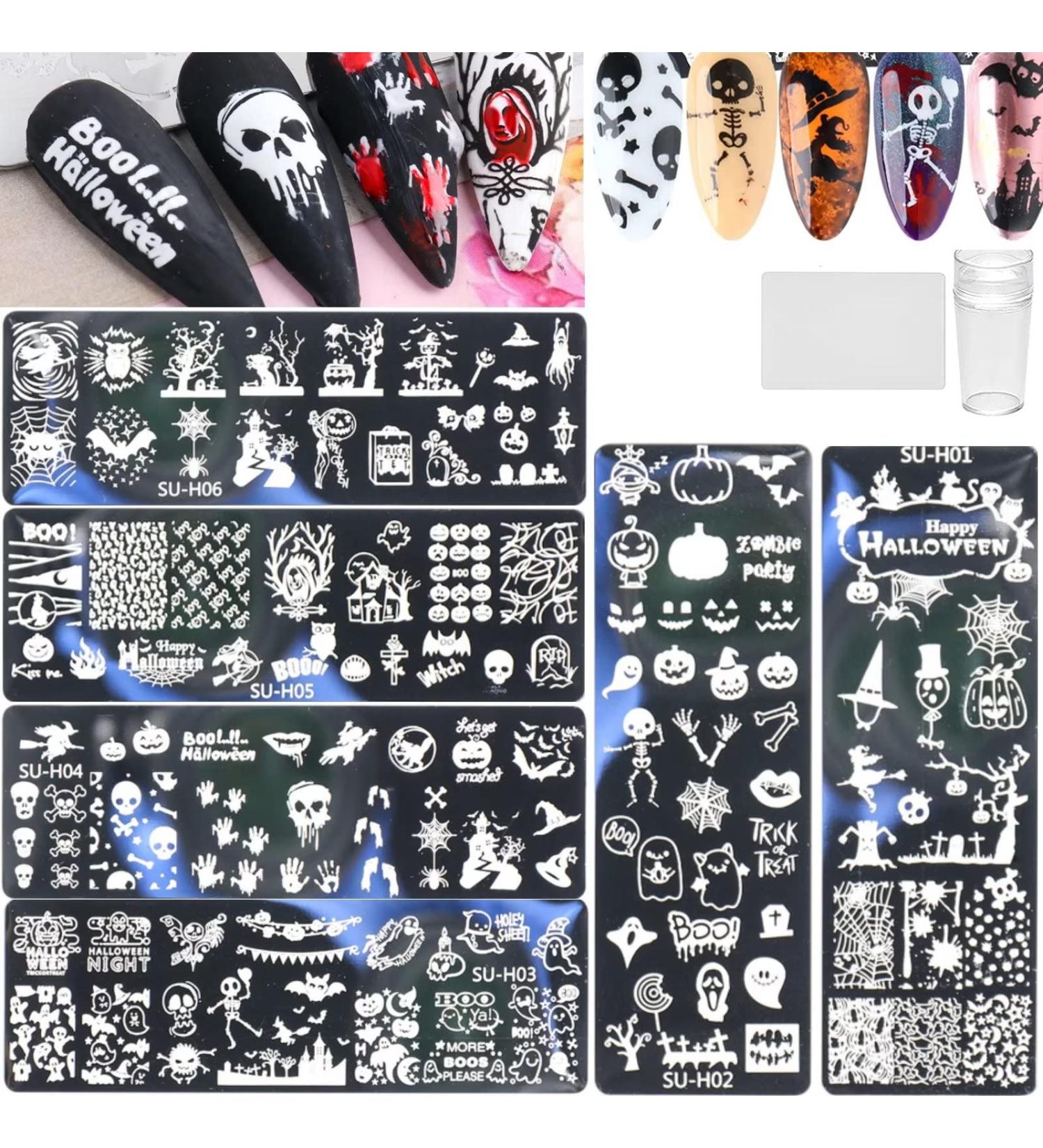 Halloween Nail Stamper Kit - 6 Nail Plates + 1 Stamper + 1 Scraper - Skeleton/Spider Web/Pumpkin/Tree Design - Nail Decoration Supplies 8 Piece Set + Tools - Buy Online on GoSupps.com