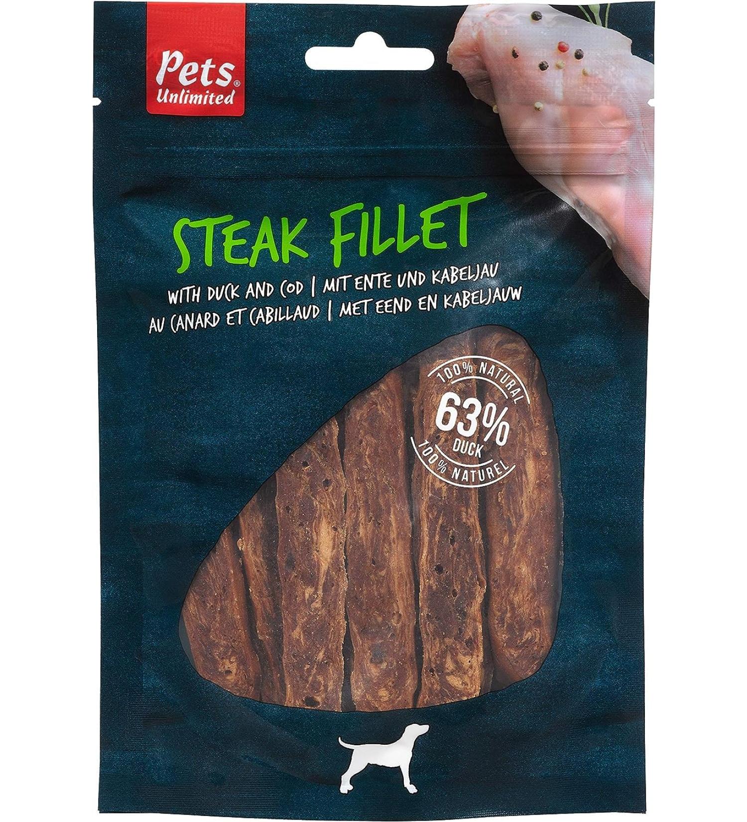 Pets Unlimited Steak Fillet Dog Treat | A premium meaty treat 100% natural with no artificial Colours flavours or preservatives | Rawhide Free Dog Treats | 84% Duck & Fish - Buy Online on GoSupps.com