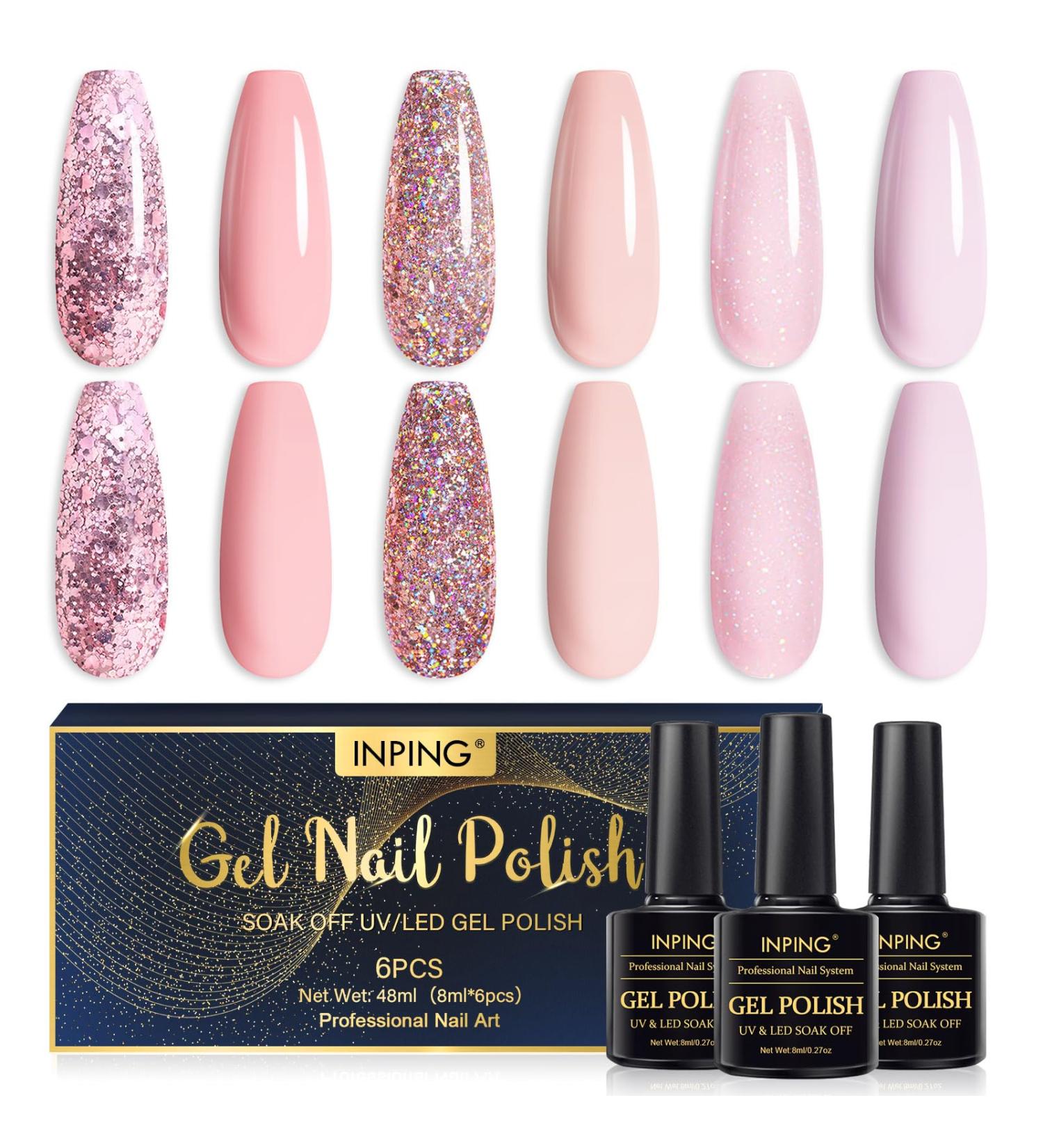 INPING 6 Colors Glitter Nude Pink Gel Nail Polish Set - Sparkle Diamond, Champagne, Pale Pink Shimmer - Soak-Off UV/LED - Perfect for Wedding, Valentine's Day - French Manicure Kit - Buy Online on GoSupps.com