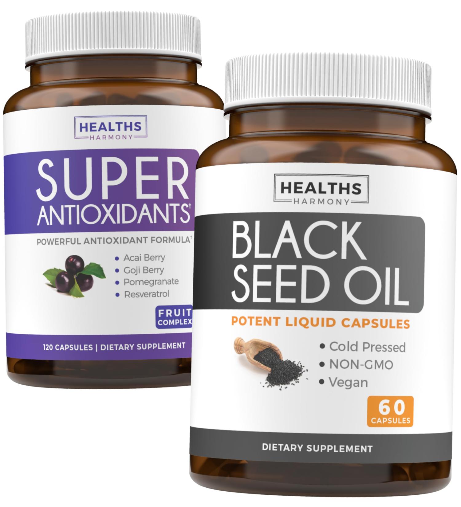 Antioxidants & Black Seed Oil (1-Month Supply) Super Antioxidant Supplement with Acai Berry Goji Berry Pomegranate & Trans Resveratrol (120 Capsules) & Black Seed Oil (Non-GMO & Vegan) 60 Capsules - Buy Online on GoSupps.com