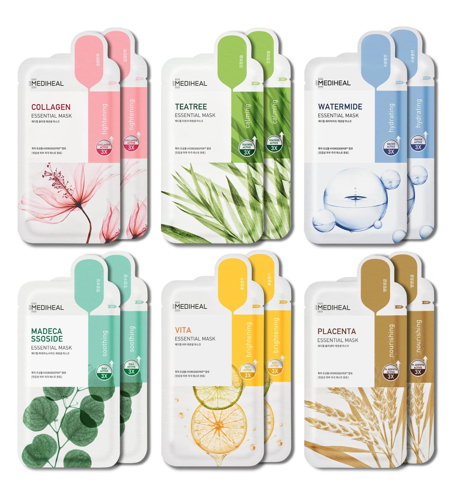 Mediheal Sheet Mask Essential HERO 12 Pack - Korean Skincare Combo | Collagen, Tea Tree, Placenta, Madecassoside, Vita Watermide | 12 Count - Buy Online on GoSupps.com