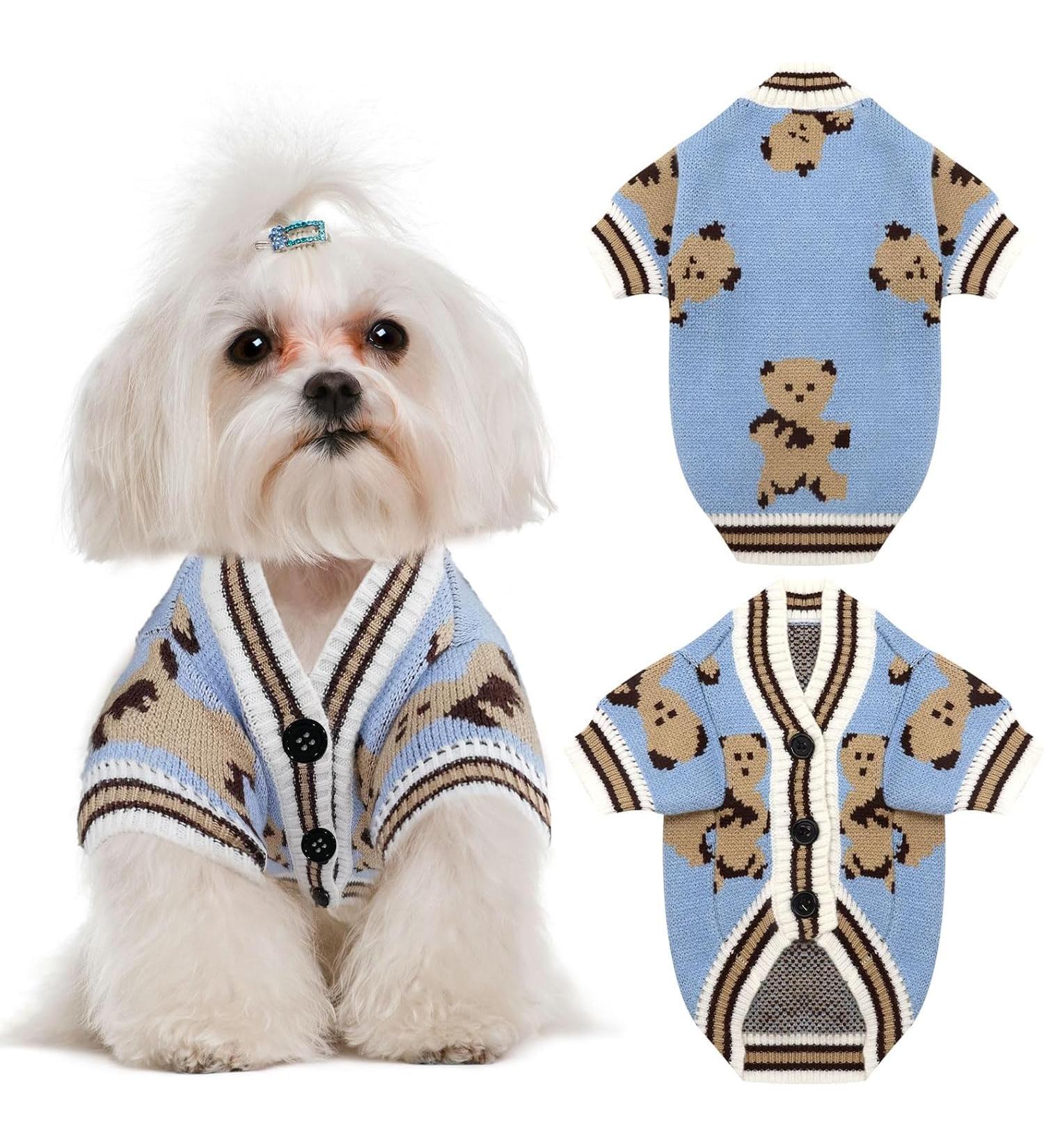 TENGZHI Dog Jumpers Puppy Sweaters v neck Bear Jacquard Short Sleeve Cardigan Dog Knit Sweater Clothing for dogs(Blue Bear M) Medium Blue Bear - Buy Online on GoSupps.com