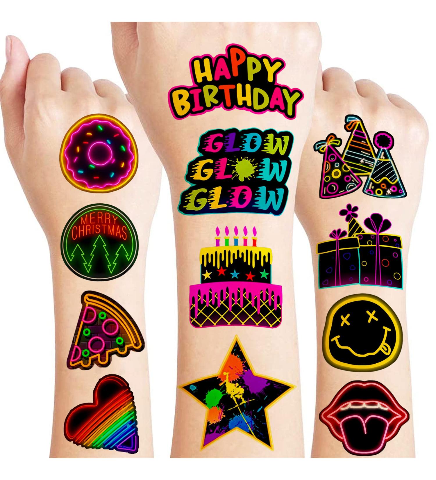 Neon Temporary Tattoos 96 PCS - Cute Birthday Party Decorations & Favors for Kids | 8 Sheets Tattoo Stickers - Perfect for Children's School Gifts & Rewards - Buy Online on GoSupps.com