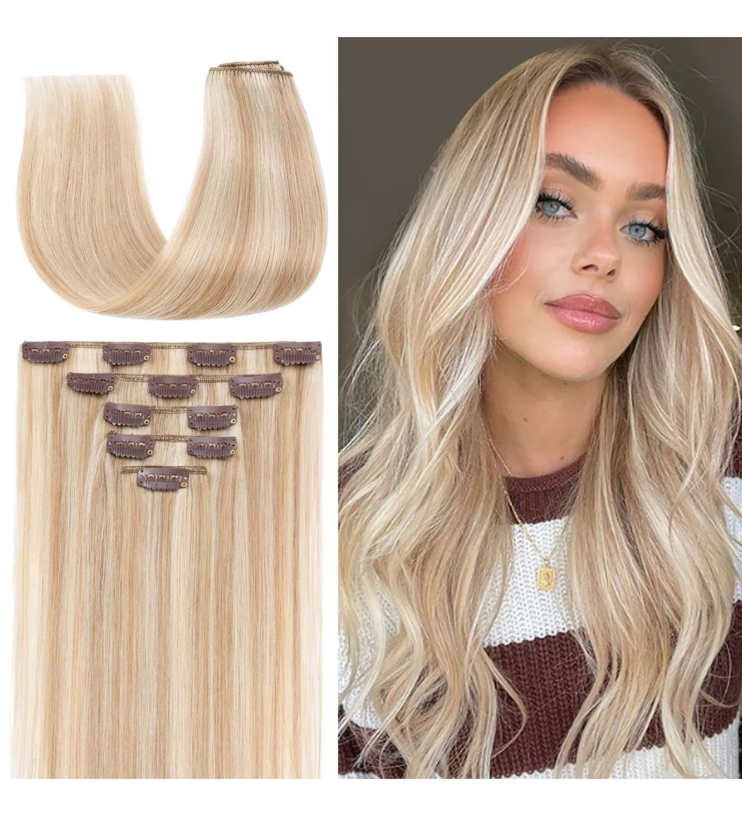 TESS Blonde Clip in Hair Extensions Real Human Hair - 14 Inch 60g Hair Extensions Clip in - 5 Pieces Clip in Hair Extensions - (Ash Blonde & Bleach Blonde) - Buy Online on GoSupps.com