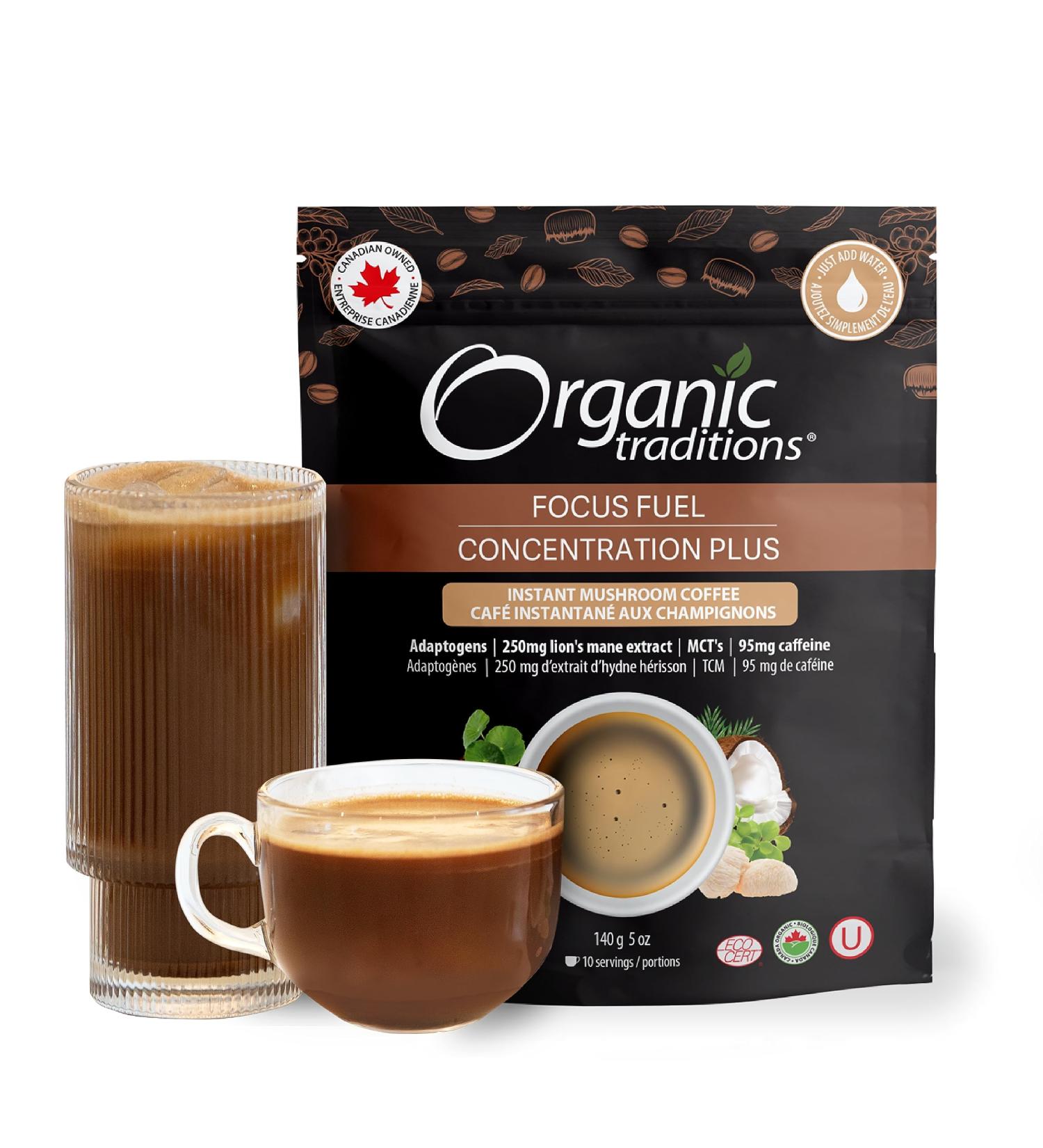 Organic Traditions Focus Fuel Organic Mushroom Coffee Organic Instant Coffee - Lion's Mane Mushrooms Coffee Blend with Adaptogens & C8 MCT - 140g/5oz Original 140 g (Pack of 1) - Buy Online on GoSupps.com