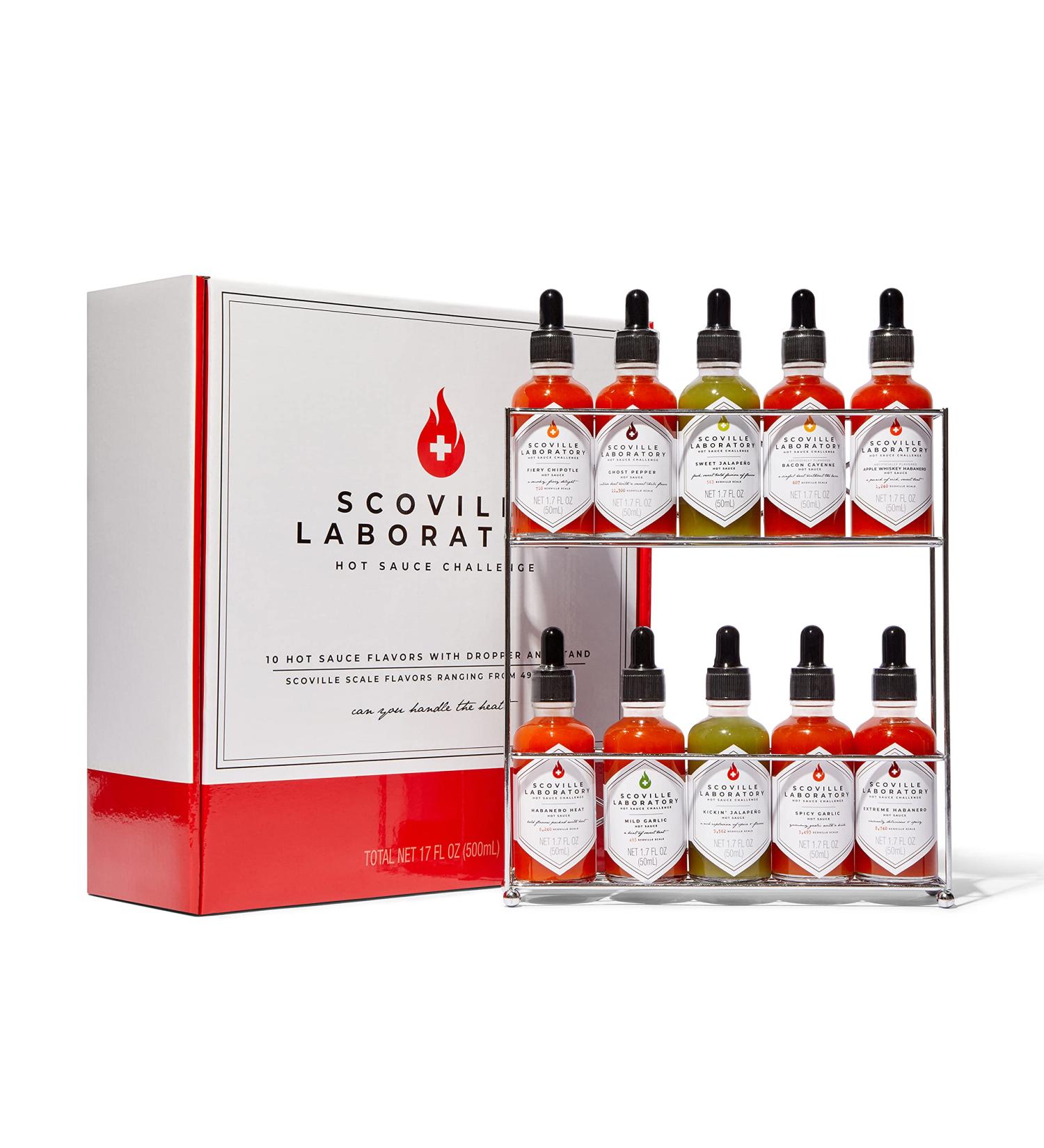 Scoville Laboratory Hot Sauce Challenge Set - Set of 10 Hot Sauces with Scoville Scale Flavors, Range from 430 - 11300, Includes Display Rack - Thoughtfully Gourmet - Buy Online on GoSupps.com