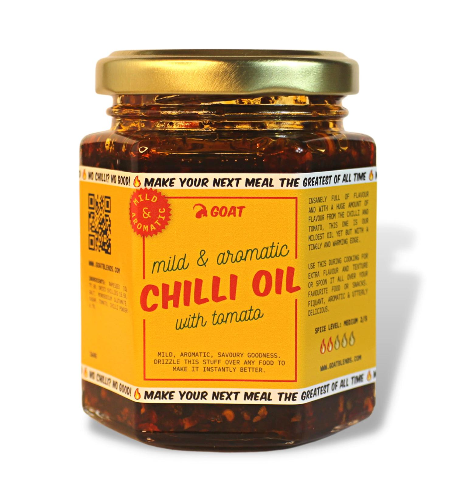 Mild & Aromatic Chilli Oil - 160g Jar. Flavourful Chinese chilli oil with a mild kick. Handcrafted vegan & vegetarian chili oil with tomato. - Buy Online on GoSupps.com