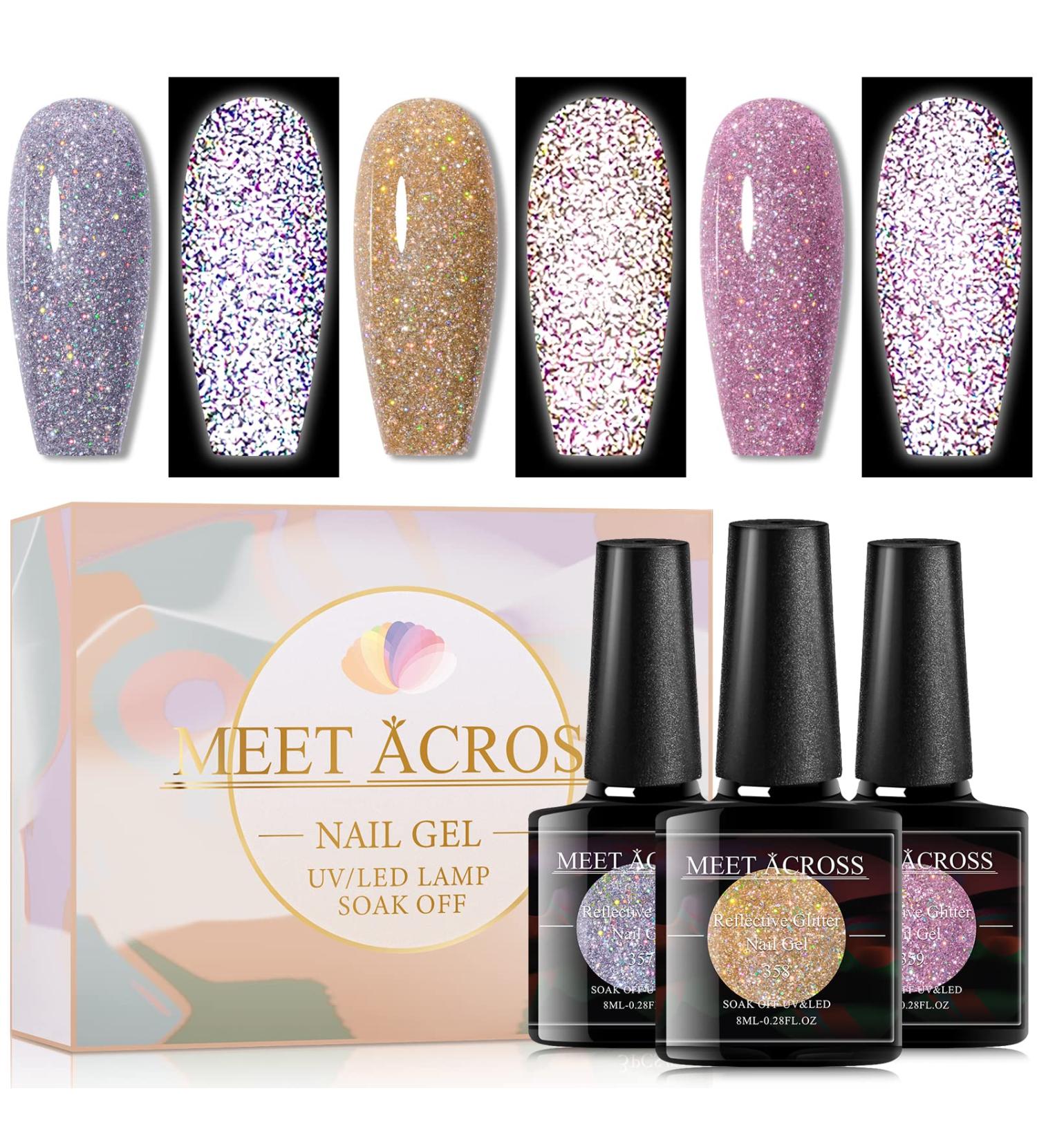 MEET ACROSS Reflective Glitter Gel Polish Kit - 3 Sparkly Colors for Nail Art (E019) - Perfect for Salon & DIY Manicure - Buy Online on GoSupps.com