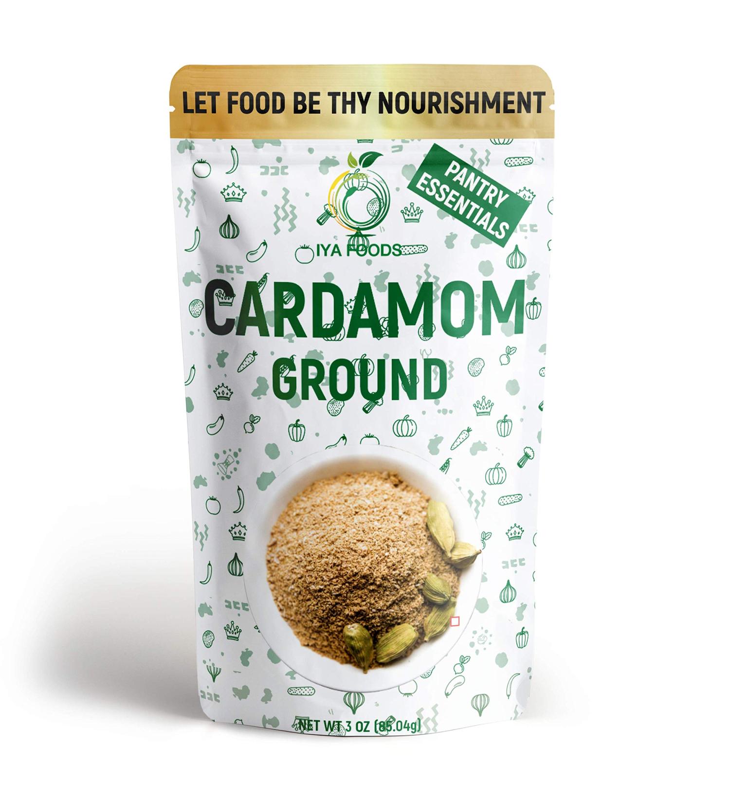 Iya Foods Cardamom Seed Ground, Cardamom Powder is ground fresh from the seeds inside of a cardamom pod. Pure, fresh and aromatic, 3 oz Pack