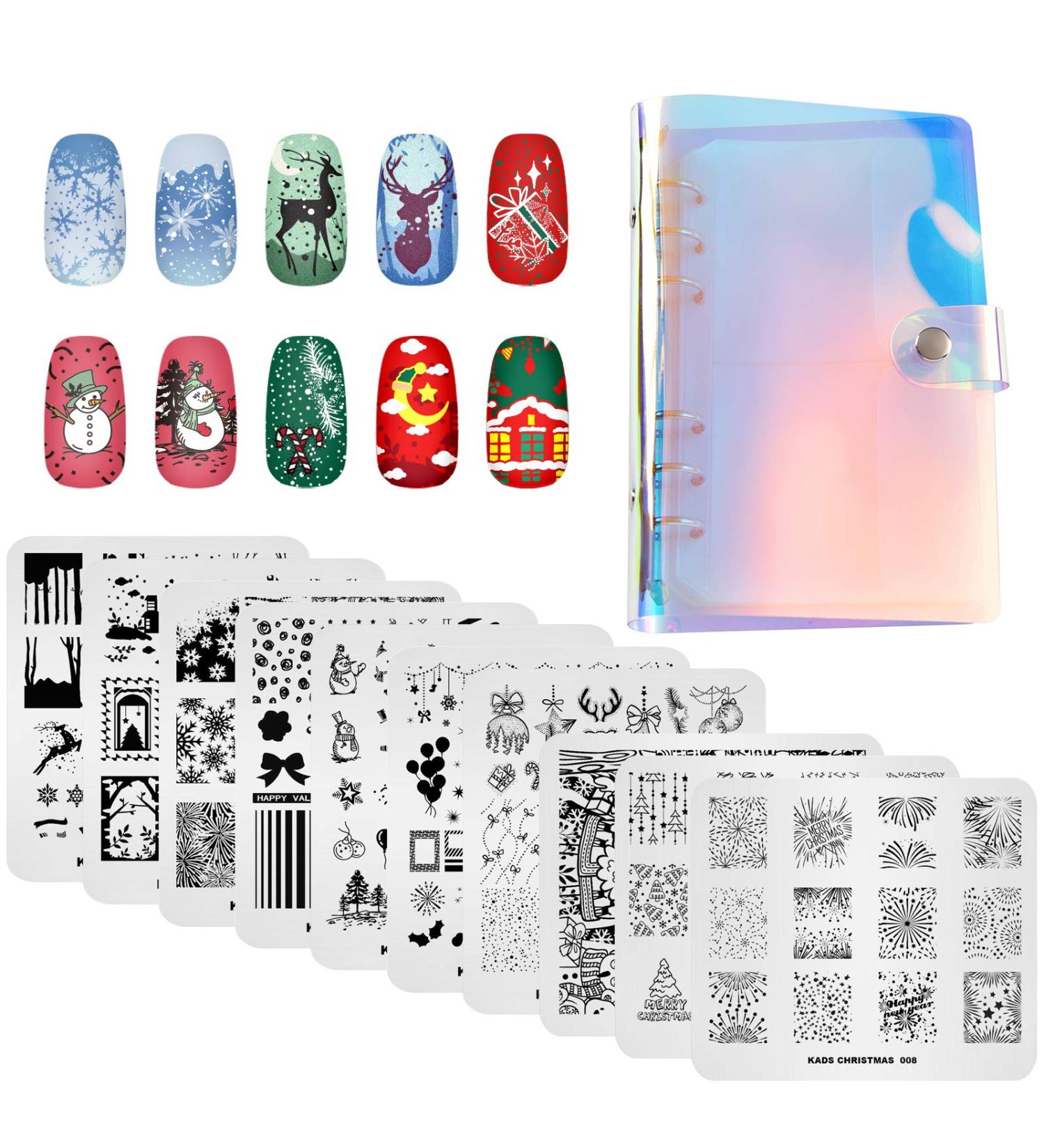 Alexnailart Christmas Nail Stamping Plates Set - 10 Piece Multi-Pattern Design Stencils with Storage Bag (Set7) - Buy Online on GoSupps.com