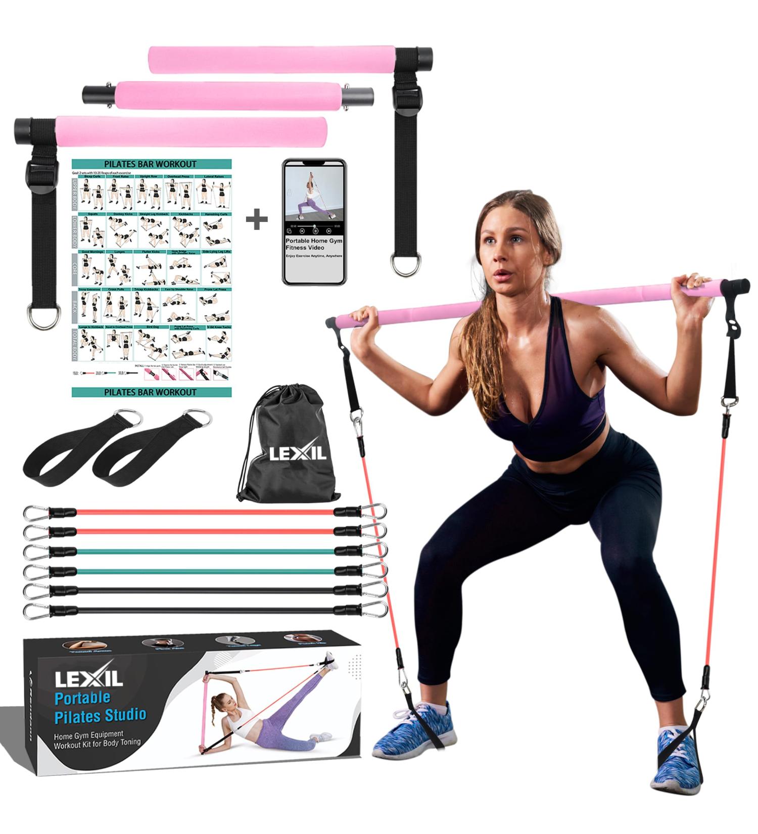 Lexil Portable Pilates Bar Exercise Set - Stackable with 3 Resistance Bands (15 20 13.6 kg) - Home Fitness Device for Men & Women | Body Toning Workout Set with Fitness Video - Pink - Buy Online on GoSupps.com