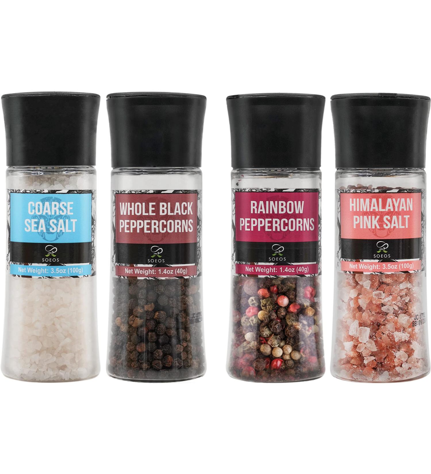 Soeos Salt and Pepper Grinder Set with Rainbow Peppercorns, Black Peppercorns, White Sea Salt, and Pink Salt - 9.8oz (277.82g) Total Spice - Plastic Bottle Grinder Included - Buy Online on GoSupps.com