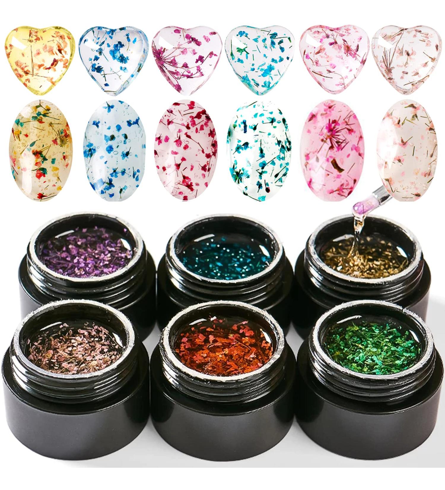 Dried Flowers Gel Nail Polish Bellecrey Flower Fairy Gel Polish Soak Off UV Holographic Varnish Real Flower Gel Rose Gold Pink Green Blue Purple Nail Polish 6 Colours/Set - Buy Online on GoSupps.com
