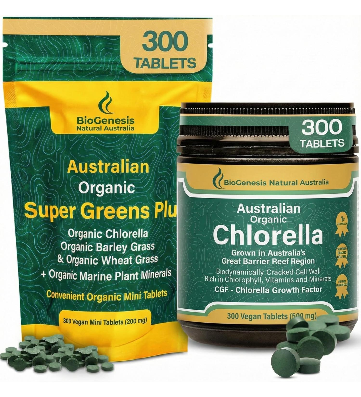Biogenesis Twin-Action Greens Stack: Organic Chlorella (300 Ct) & SuperGreens Plus (300 Ct) Australian Grown Green Superfoods Vegan Unflavored Tablets for Immunity & Daily Energy - Buy Online on GoSupps.com