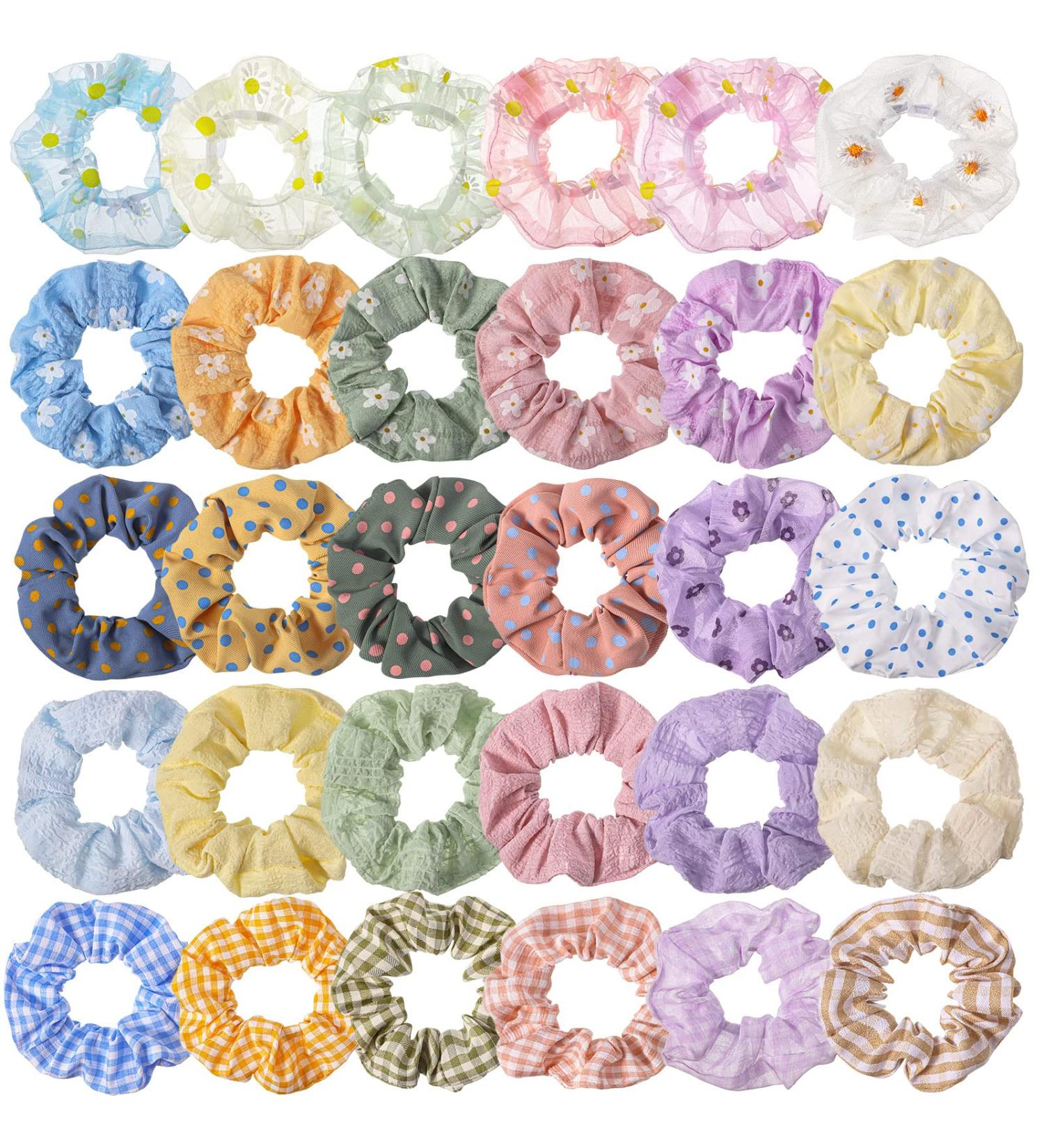 Crowye 30 Pcs Cute Hair Scrunchies - Kawaii Colorful Daisy Print, Polka Dot, Solid Color & Plaid Hair Ties for Women, Girls, Kids - Assorted Accessories - Buy Online on GoSupps.com