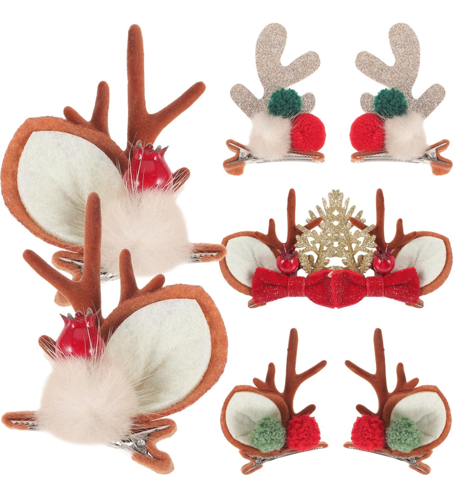 Amosfun 4 Pairs Hair Barrettes Hair Jewelry Hair Clips Christmas Hair Accessories Barrettes for Hair Reindeer Antlers Hair Bow Clip Antler Hat Clip Small Barrettes Cute Pair Clip Fabric