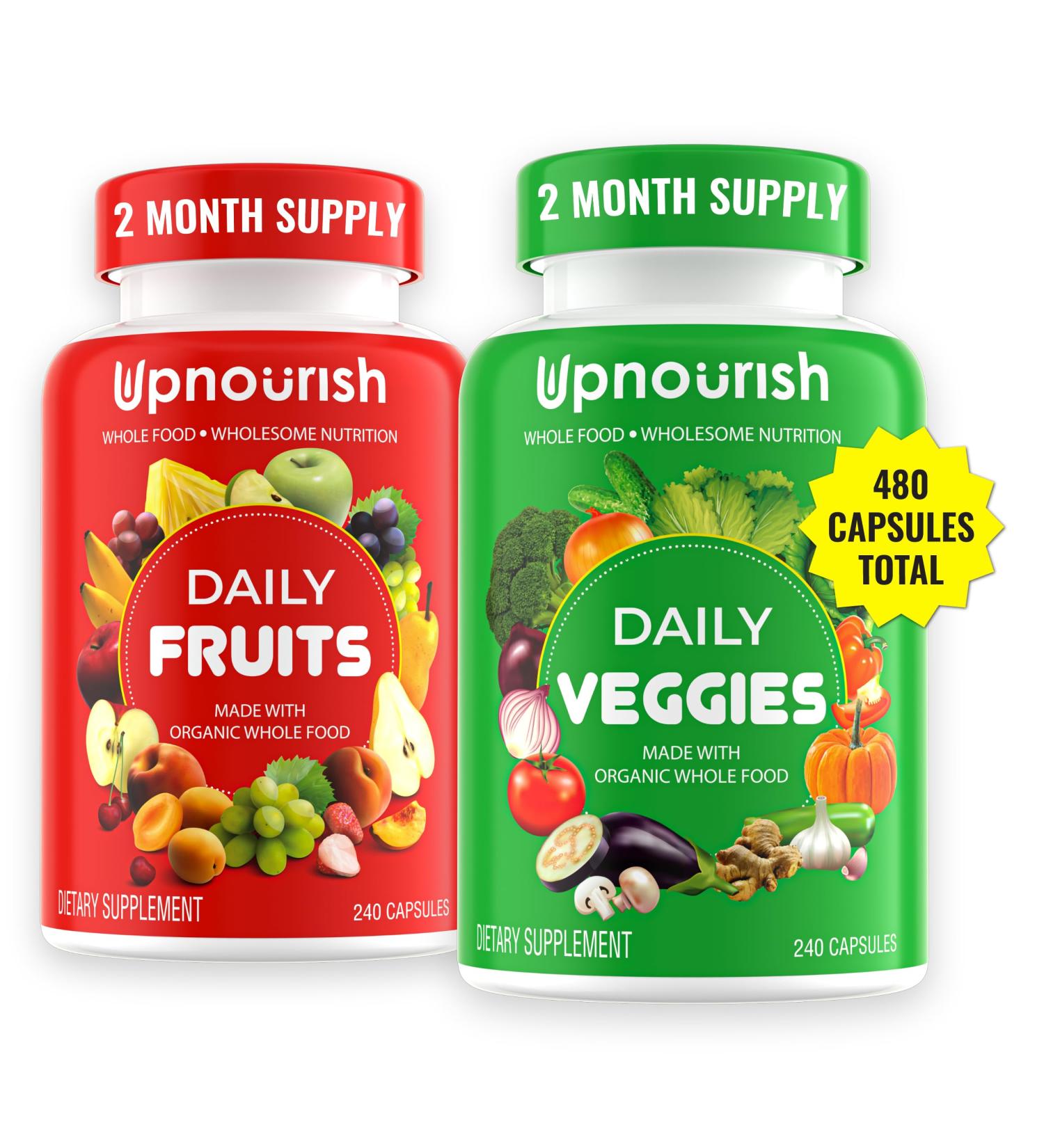 UpNourish Organic Fruits and Veggies Supplement - Support Diet Balance Body Cleanse & Energy - 480 Fruits and Super Greens Capsules from Nature - Fruit and Vegetable Supplements for Adults & Kids - Buy Online on GoSupps.com