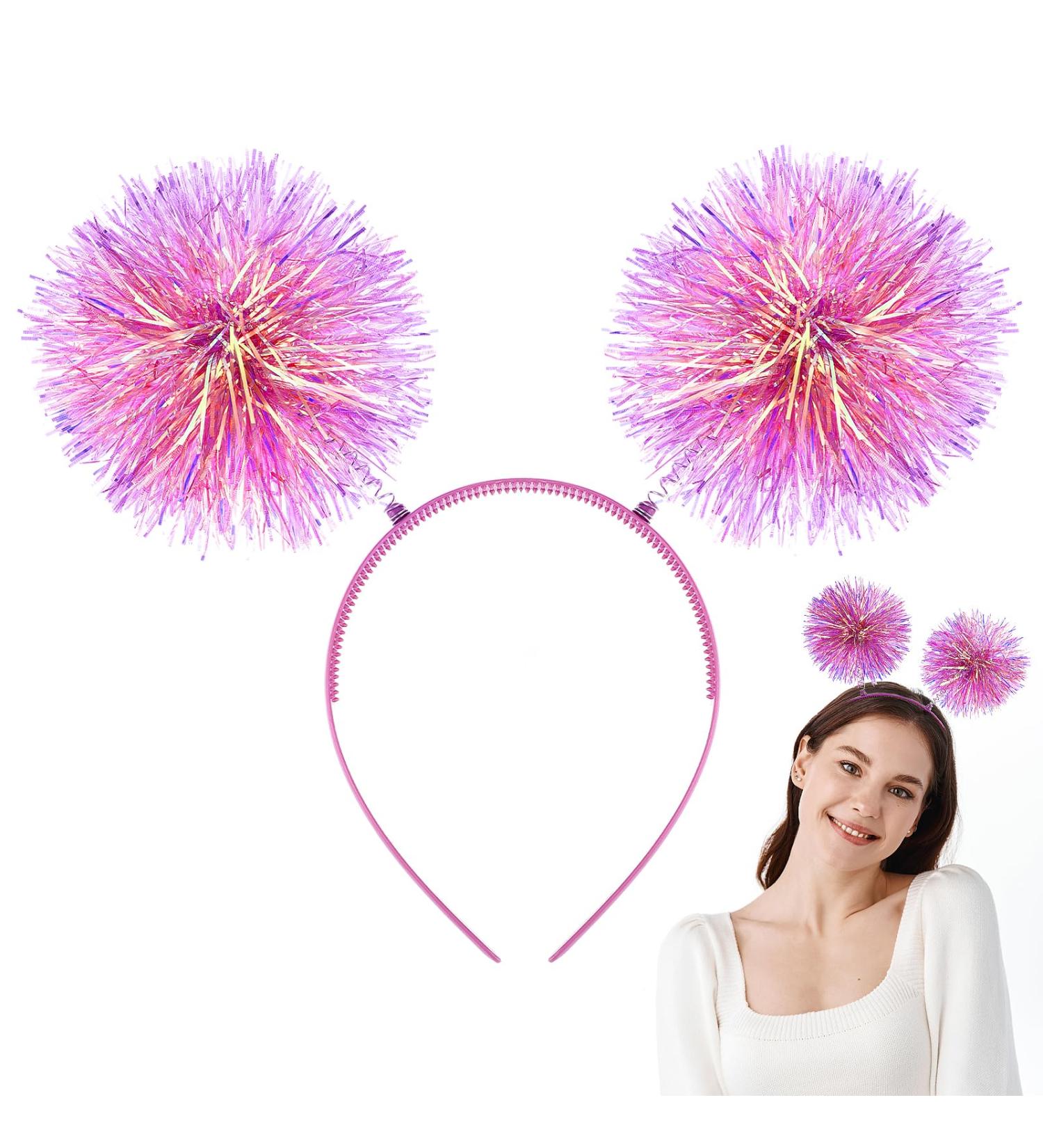 Pom Pom Headband Fun Festive Headwear Foil Strips Tinsel Fashion Hair Hoop Fluffy Ball Headband Fancy Dress Cosplay Hair Jewelry Accessories for Women Girls Party Birthday Halloween Christmas (Pink) - Buy Online on GoSupps.com
